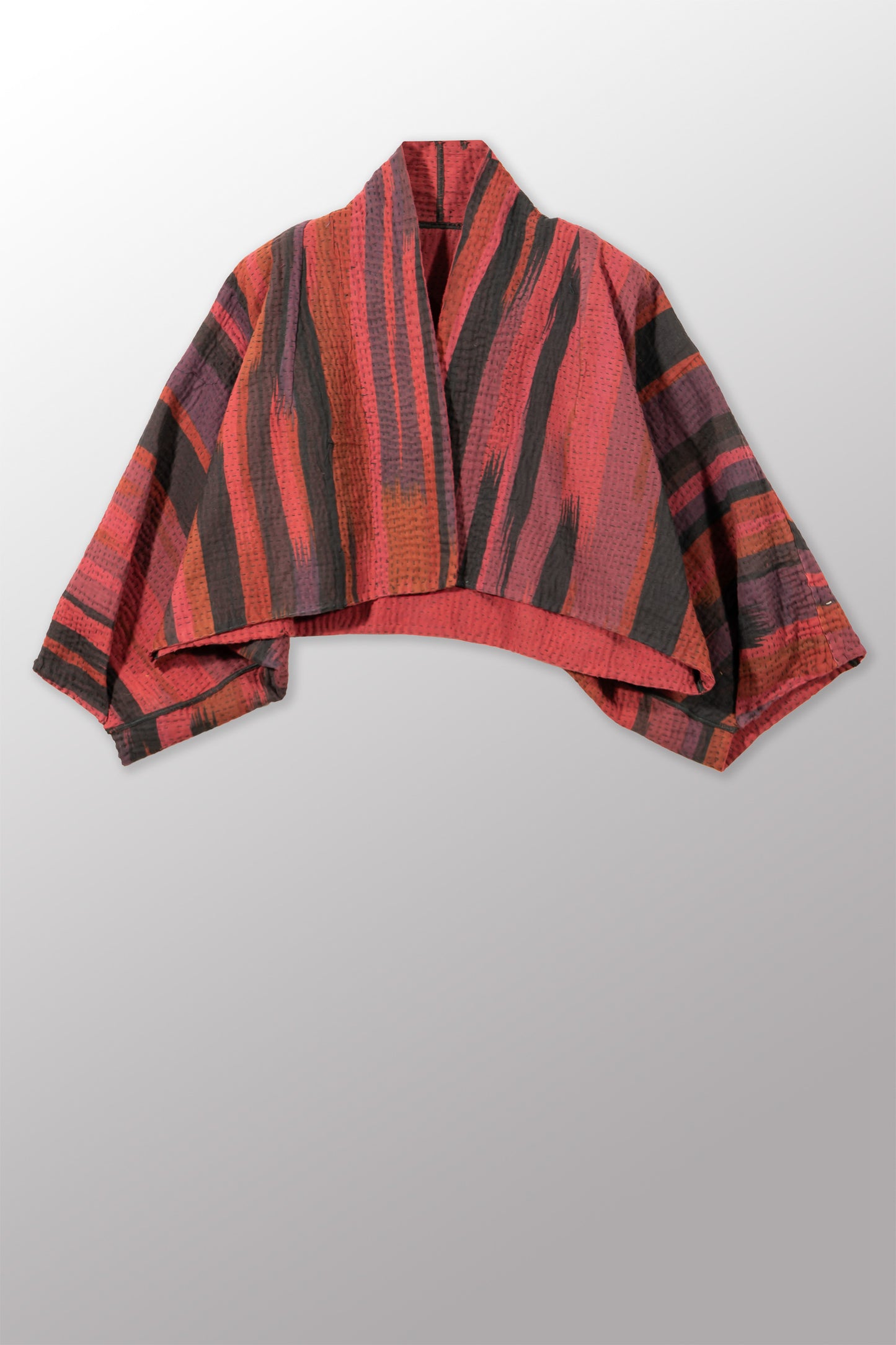 STRIPE AND BENDS KANTHA PUFF SLV. SHRUG - ov-sb4062-red -