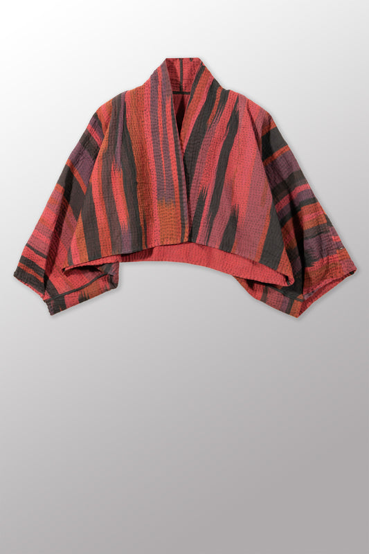 STRIPE AND BENDS KANTHA PUFF SLV. SHRUG - ov-sb4062-red -