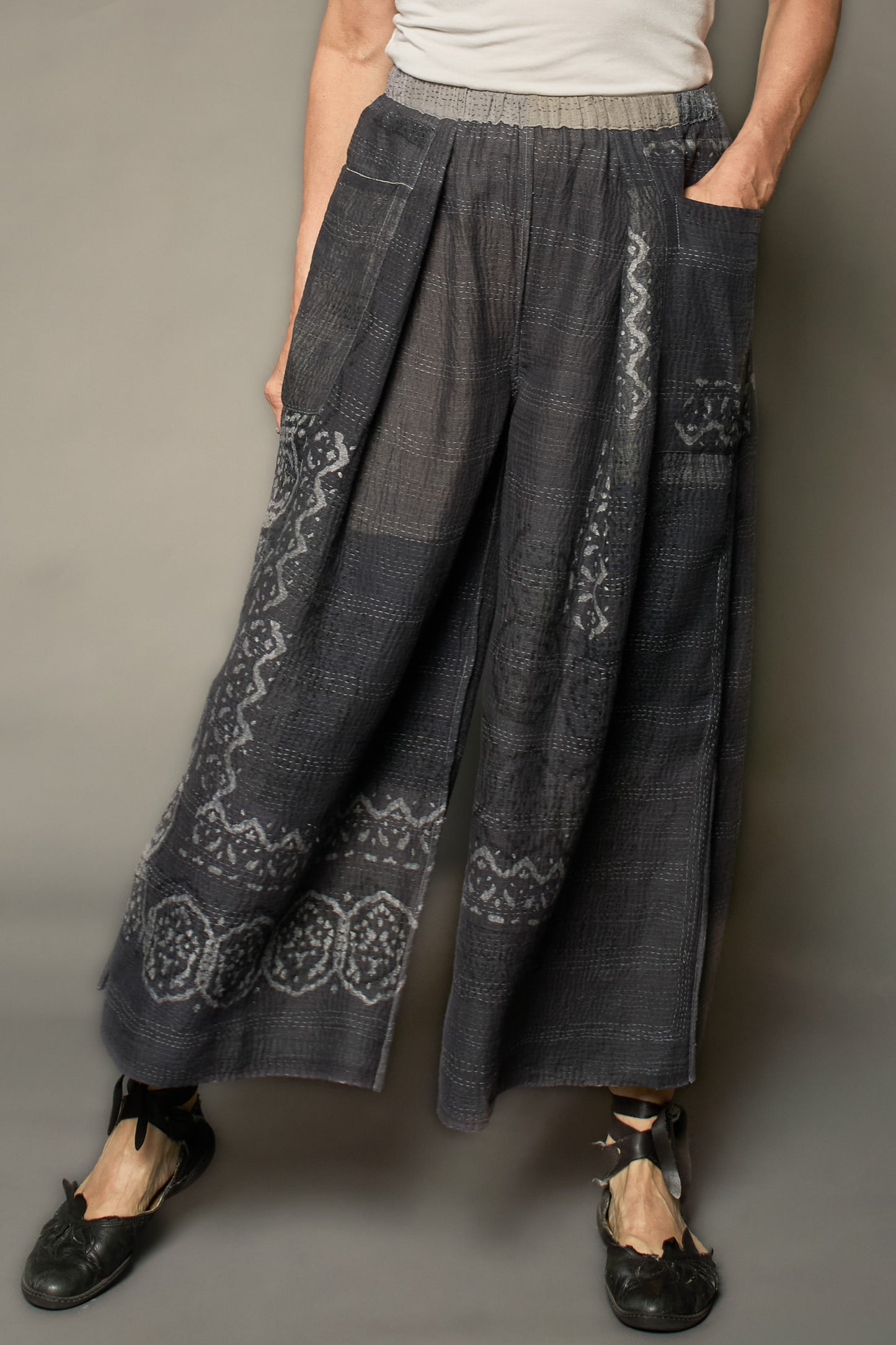 MOSAIC FRAY PATCH KANTHA PLEATED WIDE LEG PANTS - zb2678-gry -