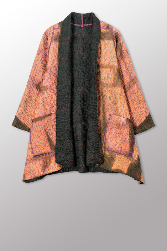 VINTAGE PRINTED SILK CLAMP DYE WITH JACQUARD KANTHA A-LINE JACKET - sk4003-0001a -