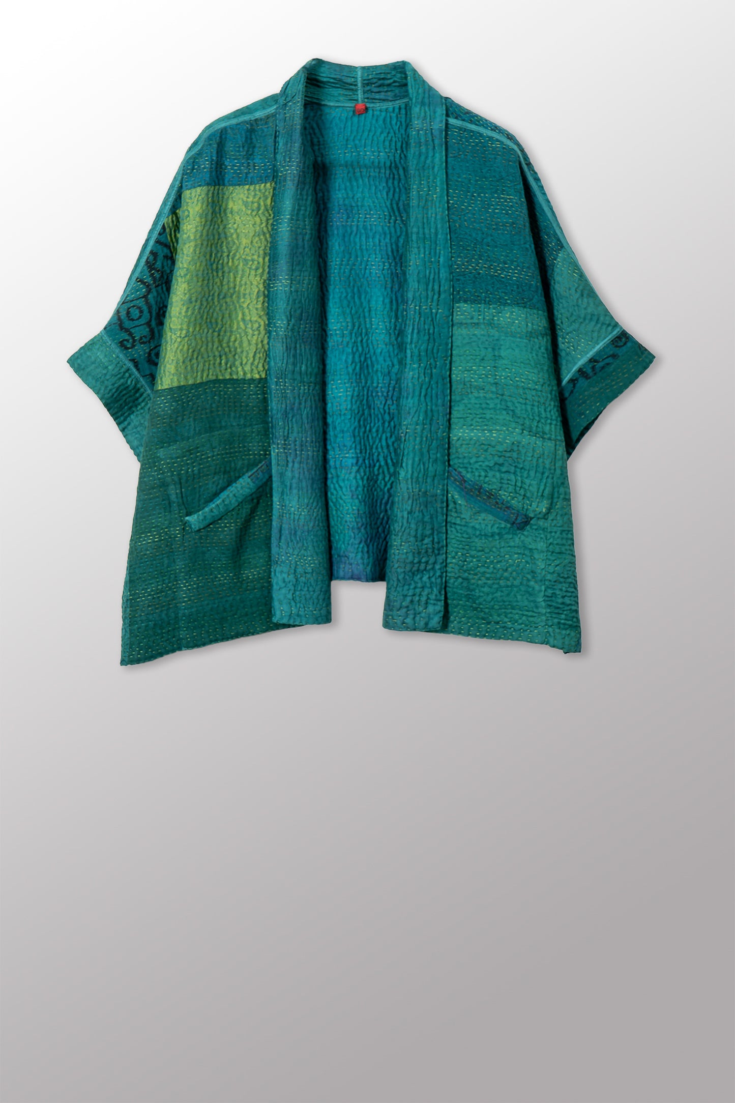 GEORGETTE JACQUARD VINTAGE SILK PATCH KANTHA MINI PONCHO - gj4060-grn -