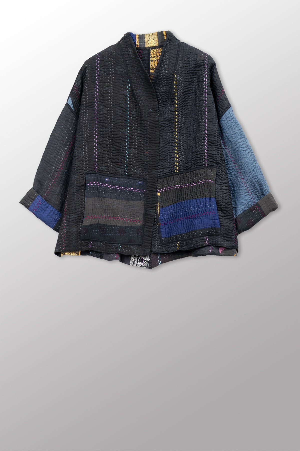 JEWEL WOVEN WITH VERTICAL PATCH KANTHA STAND COLLAR CROPPED JACKET - jv4034-blk -