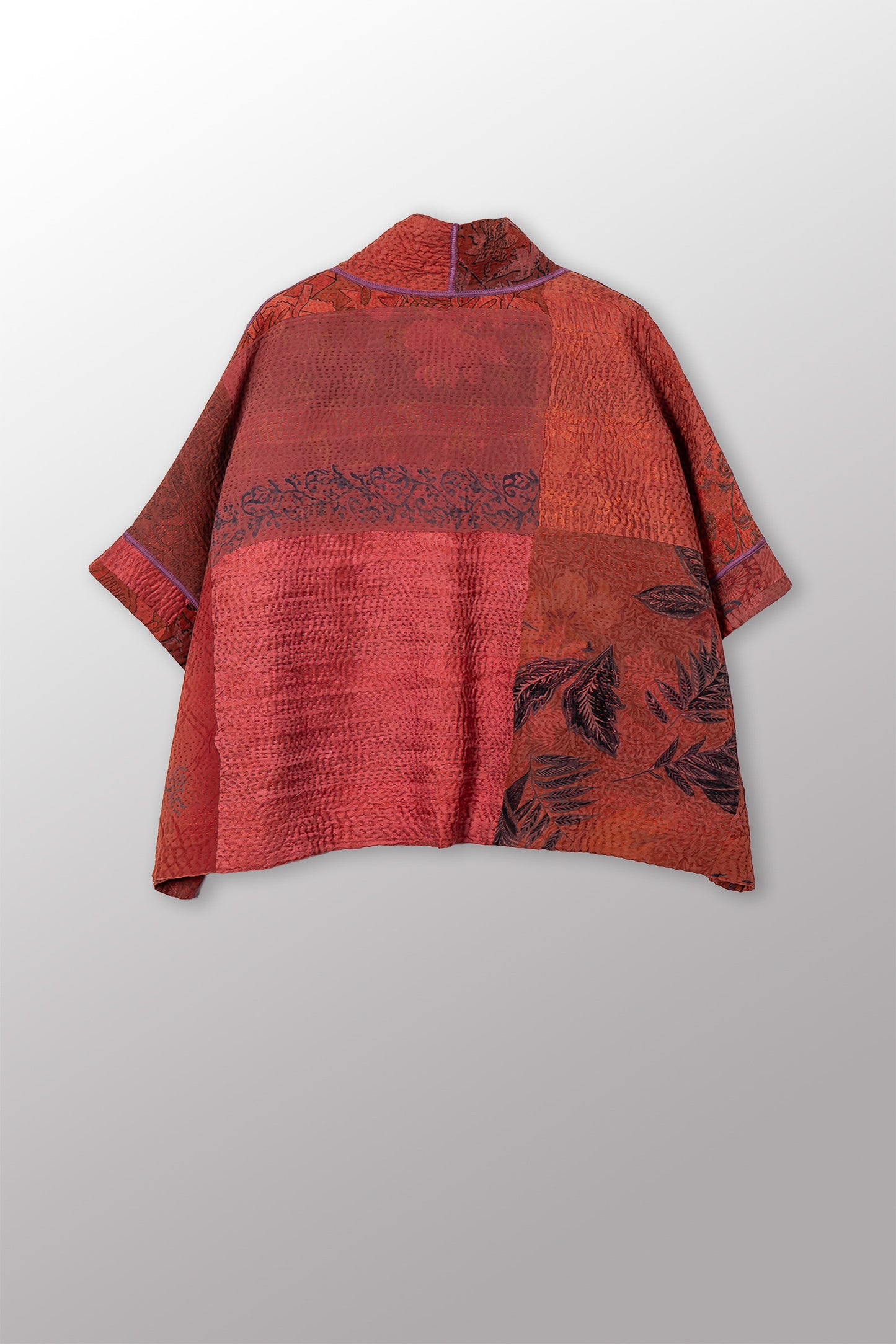 GEORGETTE JACQUARD VINTAGE SILK PATCH KANTHA MINI PONCHO - gj4060-org -