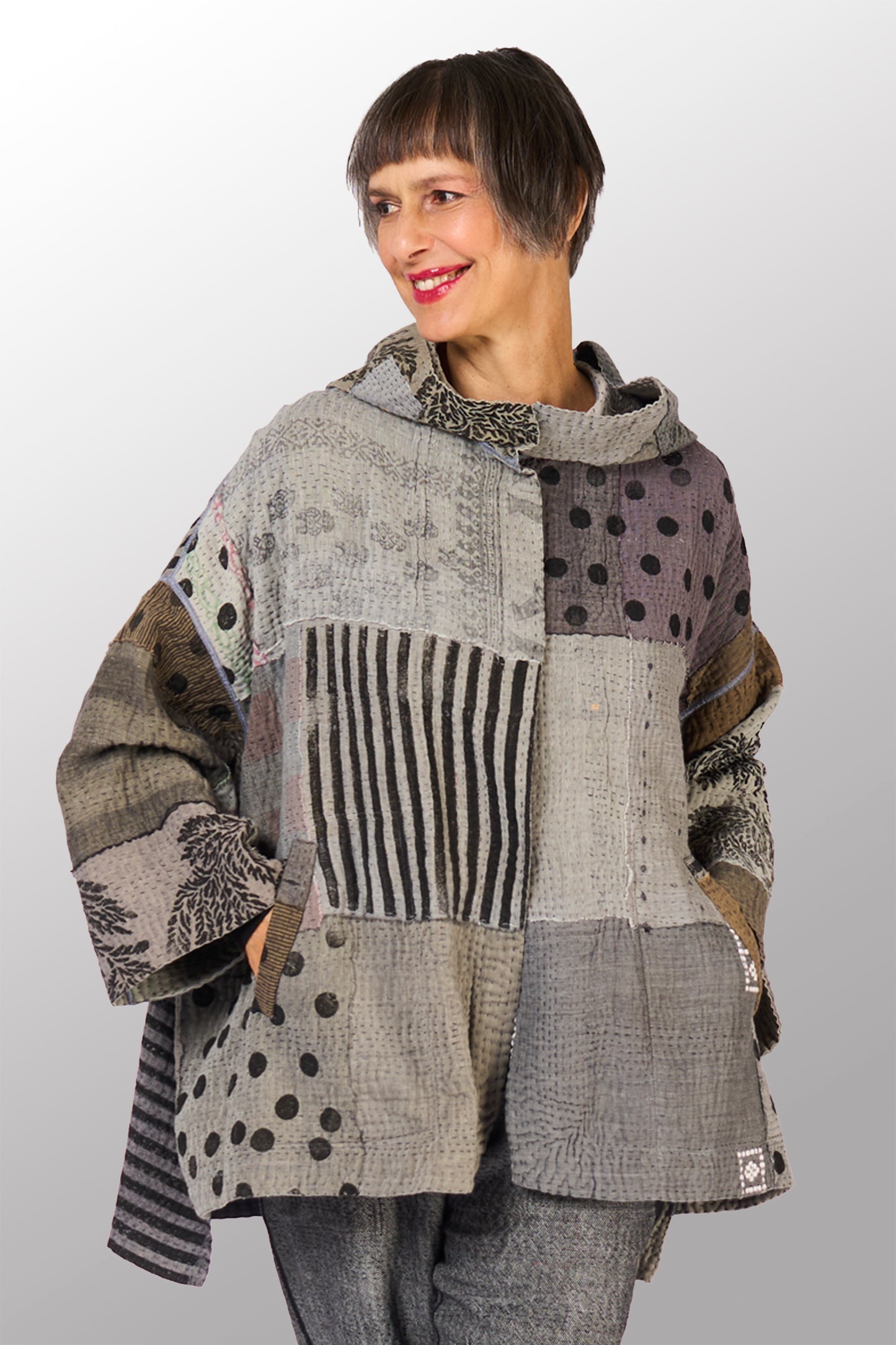FRAYED PATCH KANTHA WITH STAMP HOODIE PONCHO - sp-fi4064-gry -