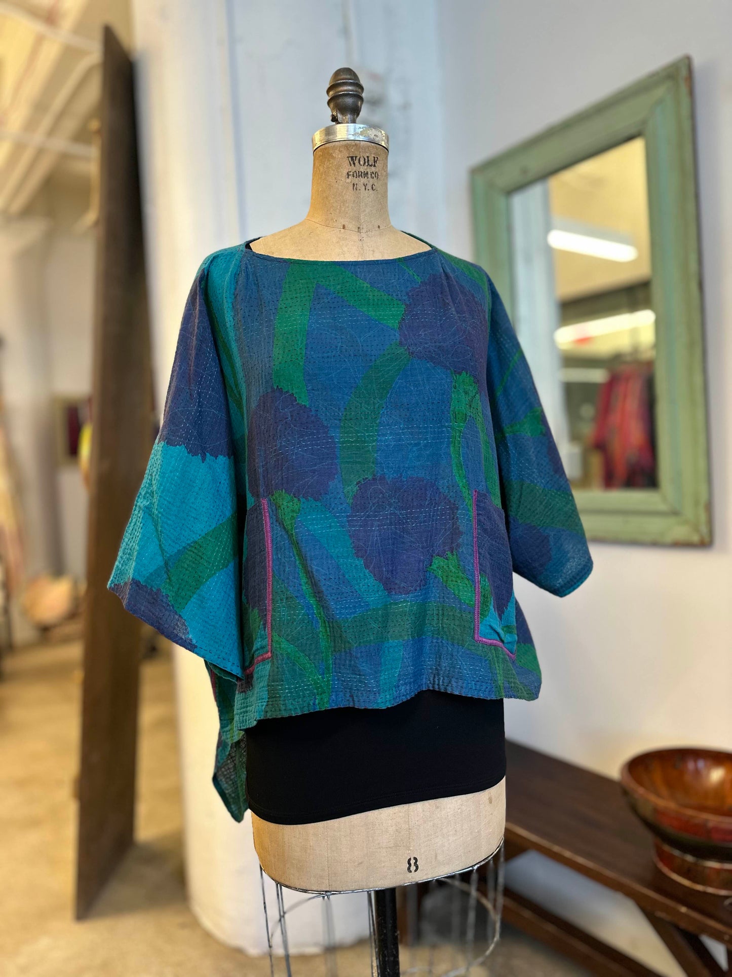 MARIGOLD PRINT WITH OVERDYE KANTHA CROPPED BOAT NECK DOLMAN TOP - ov-mg2t105-tuq -