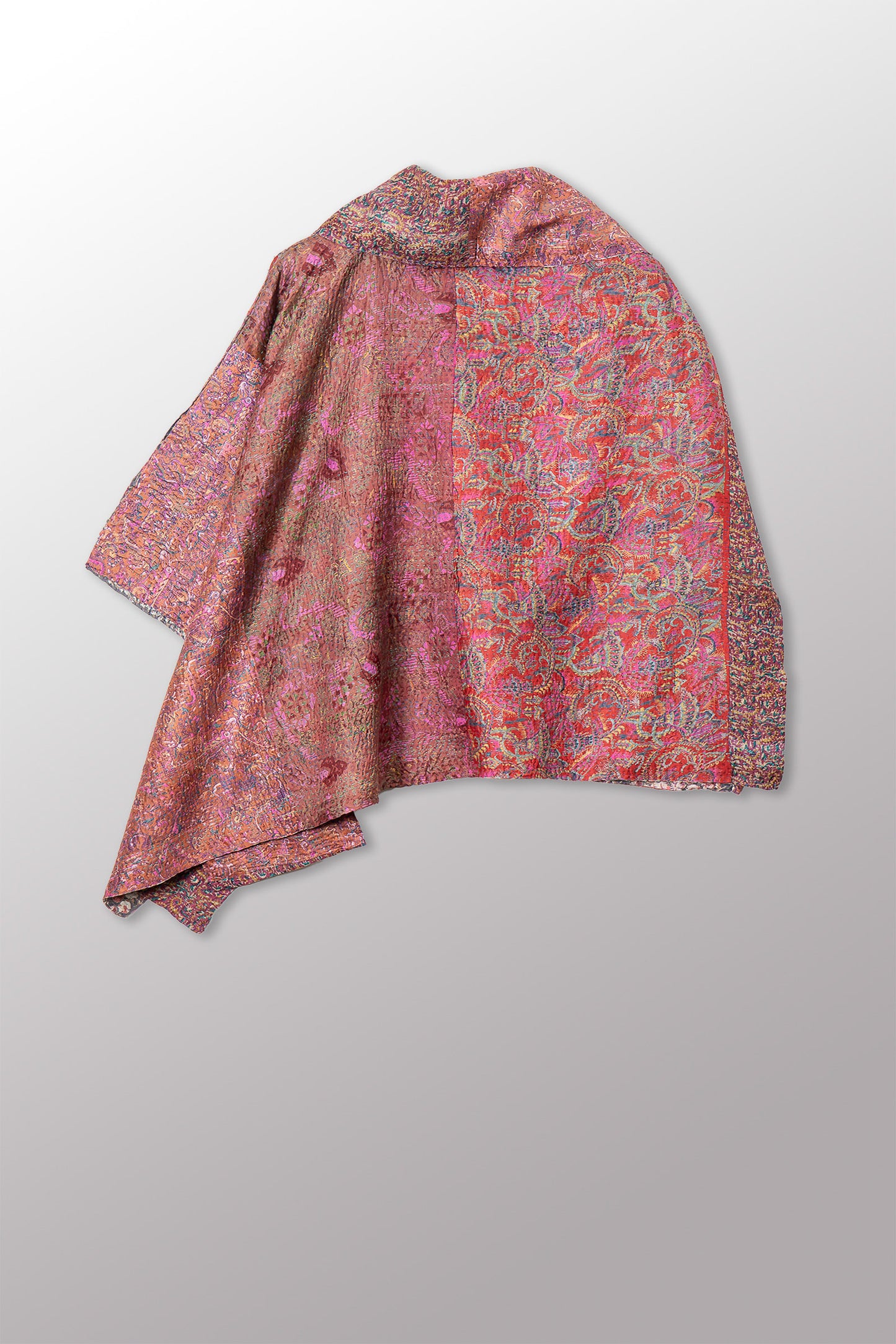 VINTAGE SILK KANTHA COWL NECK LONG CAPE - sv2842-0018a -