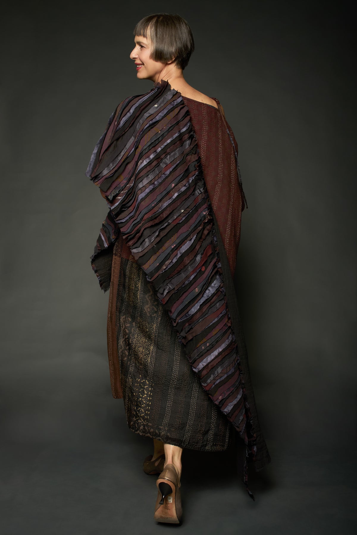 HALF SILK PATCH KANTHA ASYMMETRIC TUBE DRESS - hs2472-brn -