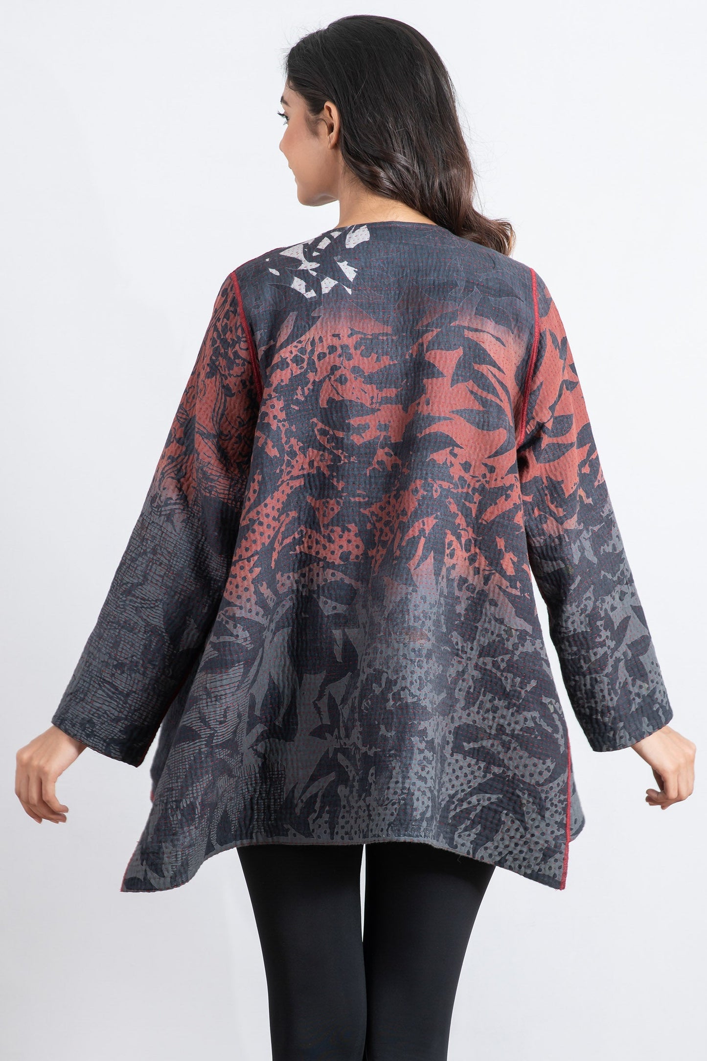 MONOTONE TWILIGHT PRINT KANTHA CREW NECK POCKET JKT - tp4025-red -
