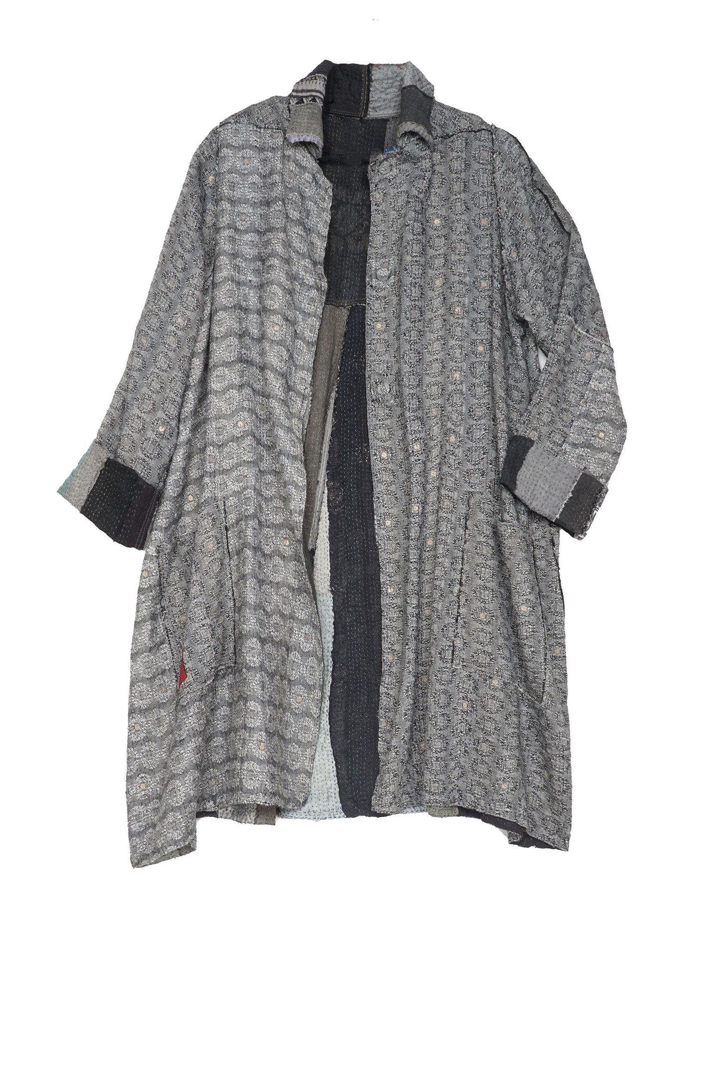 STRIPE FRAYED & HANDWOVEN KANTHA A-LINE DUSTER - ft2311-blk -