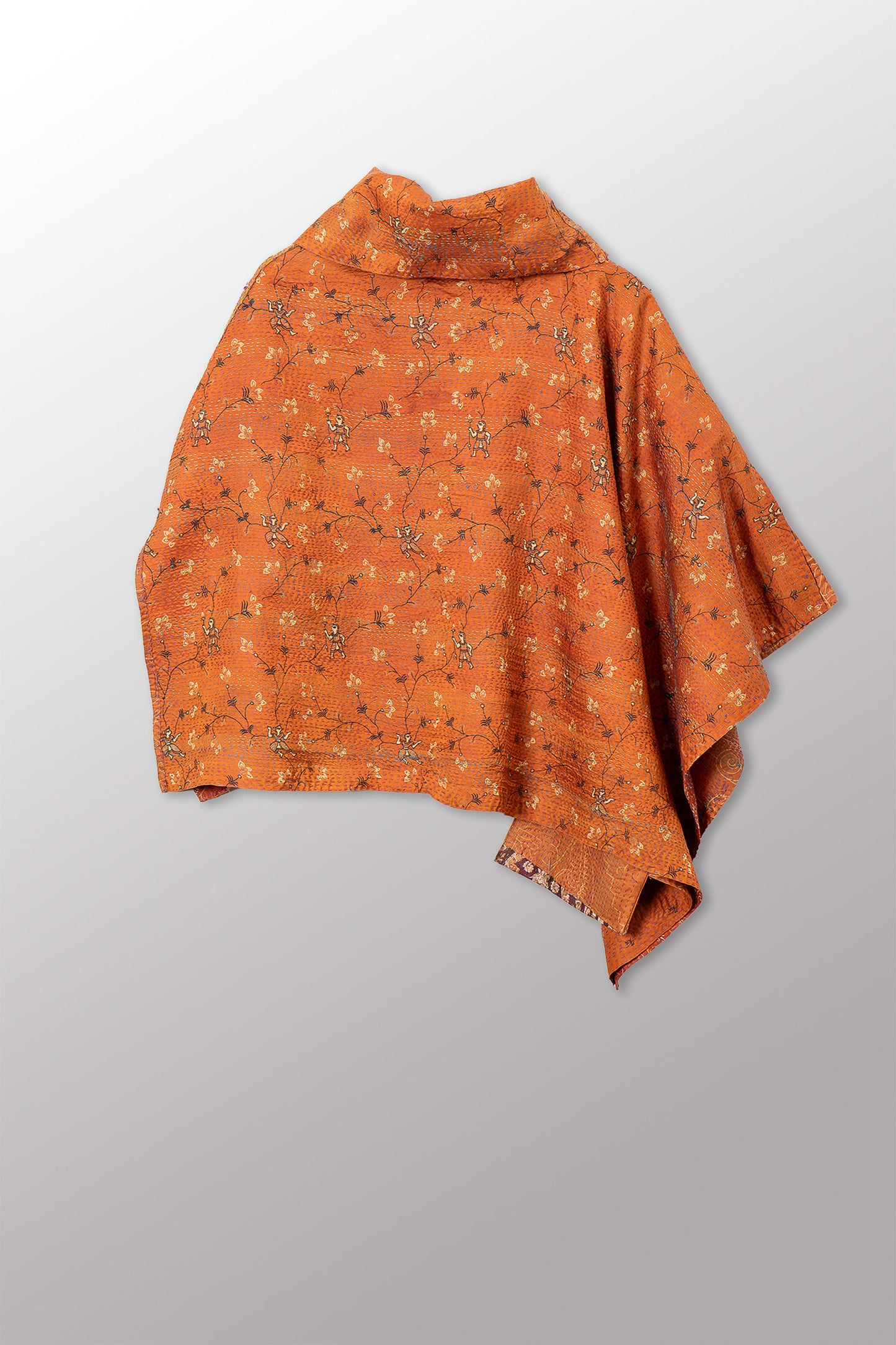 VINTAGE SILK KANTHA COWL NECK LONG CAPE - sv2842-0015a -