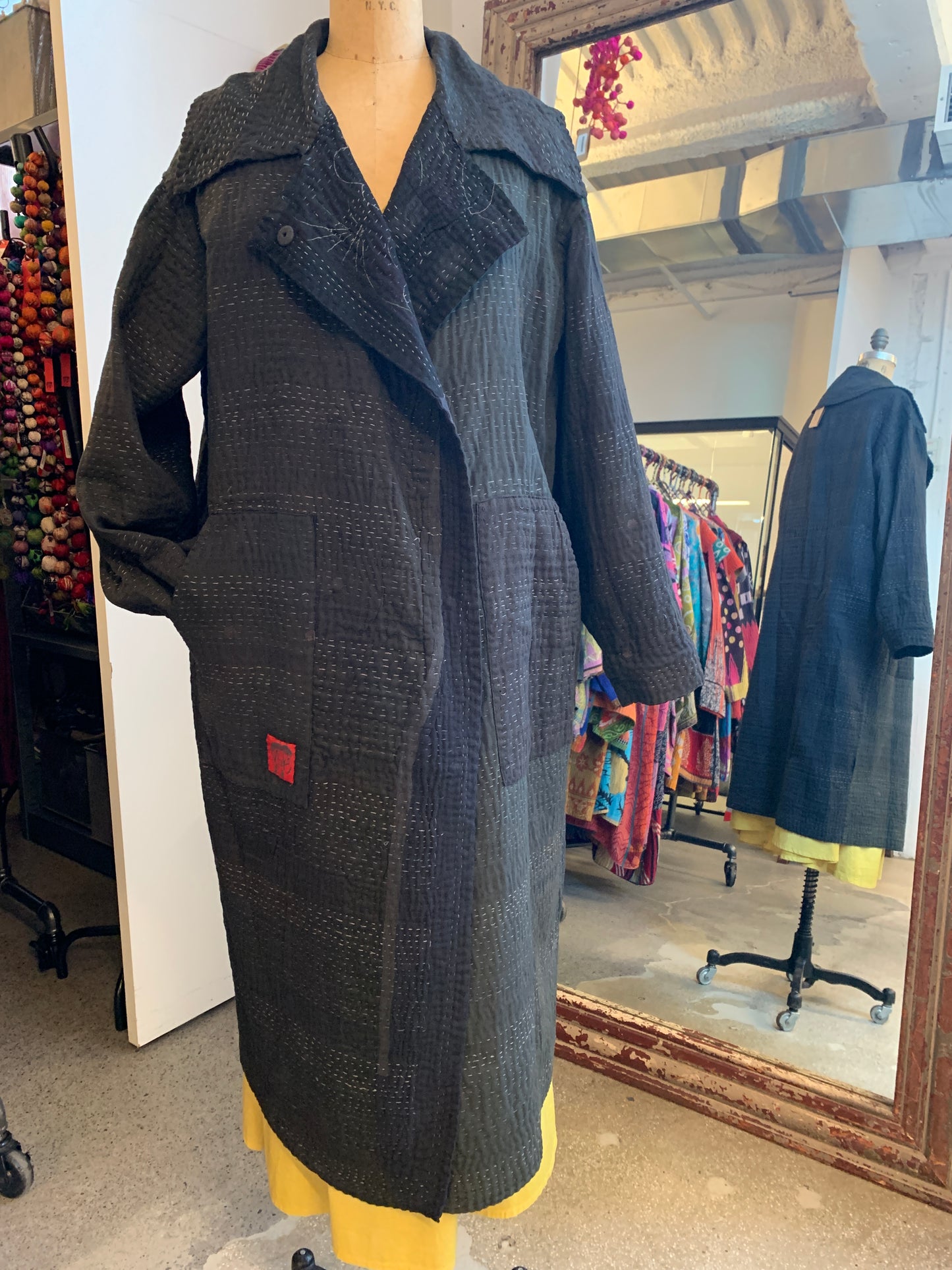 COTTON SILK SW PATCH KANTHA DOUBLE BREAST LONG COAT - ws4340-blk -