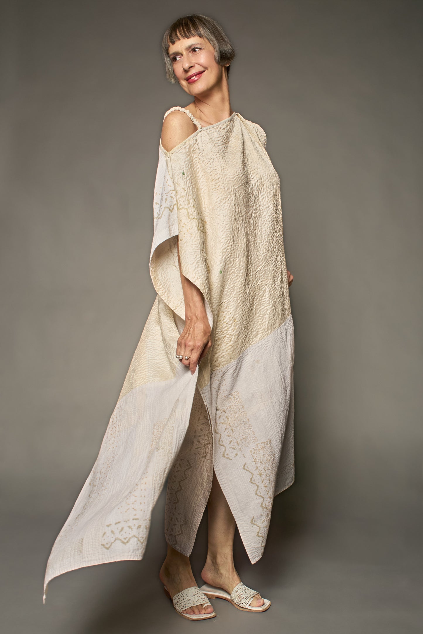 HALF SILK PATCH KANTHA ASYMMETRIC TUBE DRESS - hs2472-ivy -