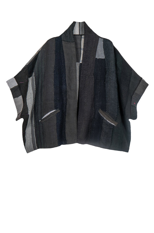 STRIPE AND CHECK COTTON SILK PATCH KANTHA MINI PONCHO - ss4060-blk -