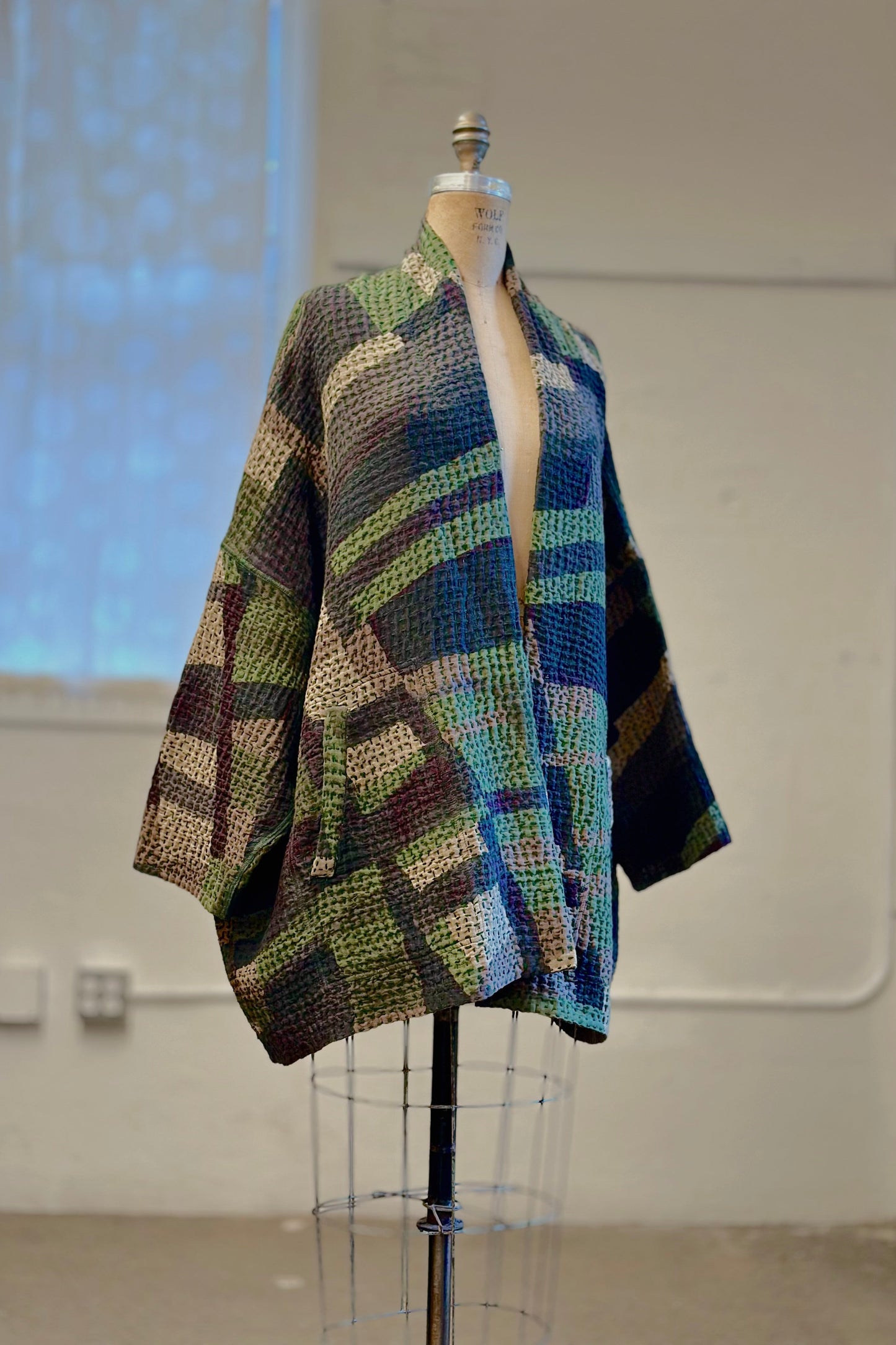 ABSTRACT WAFFLE KANTHA KIMONO WRAP SHORT - bw3358-grn -