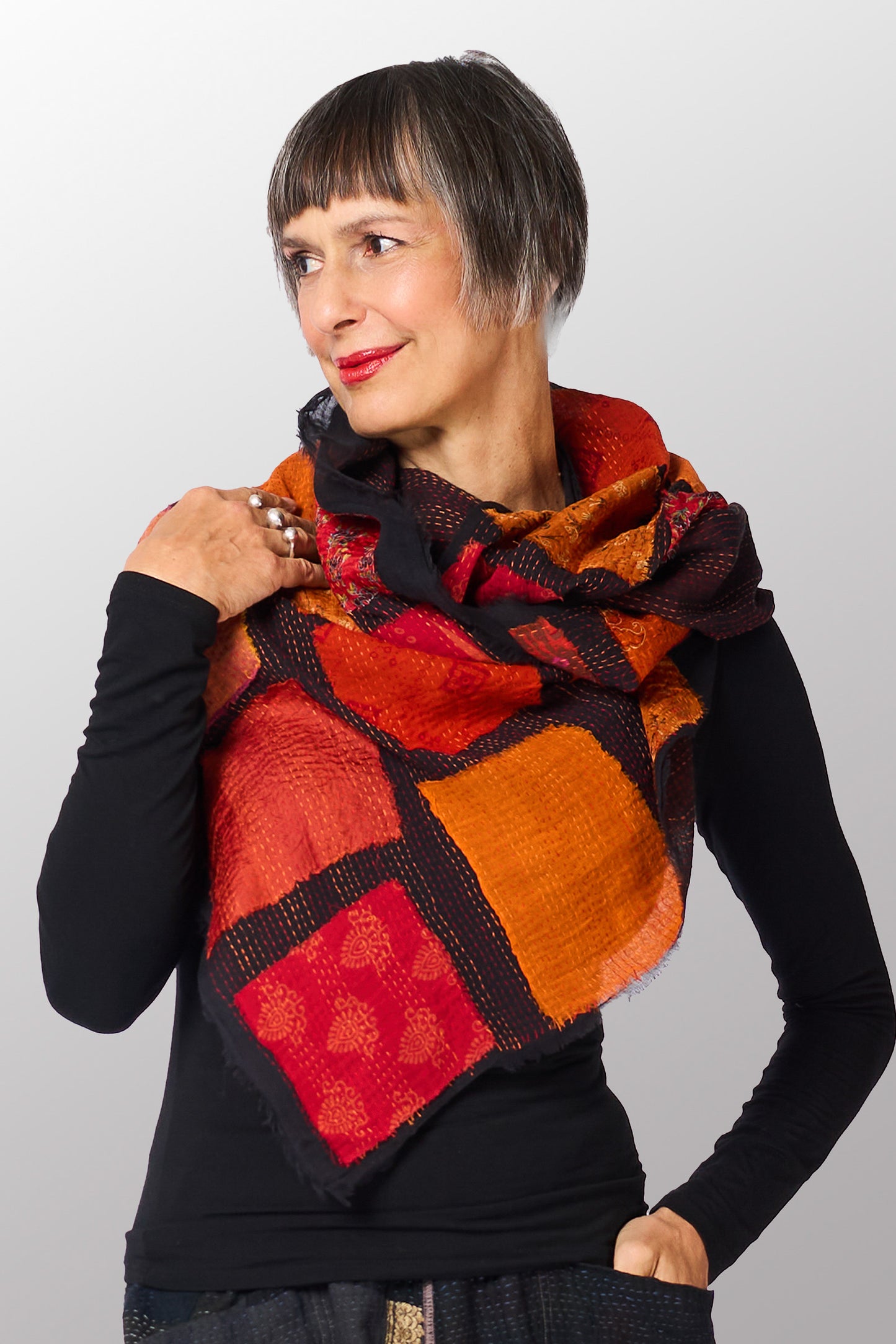 TONAL TILE PATCH KANTHA SCARF STANDARD - tt2801-org -