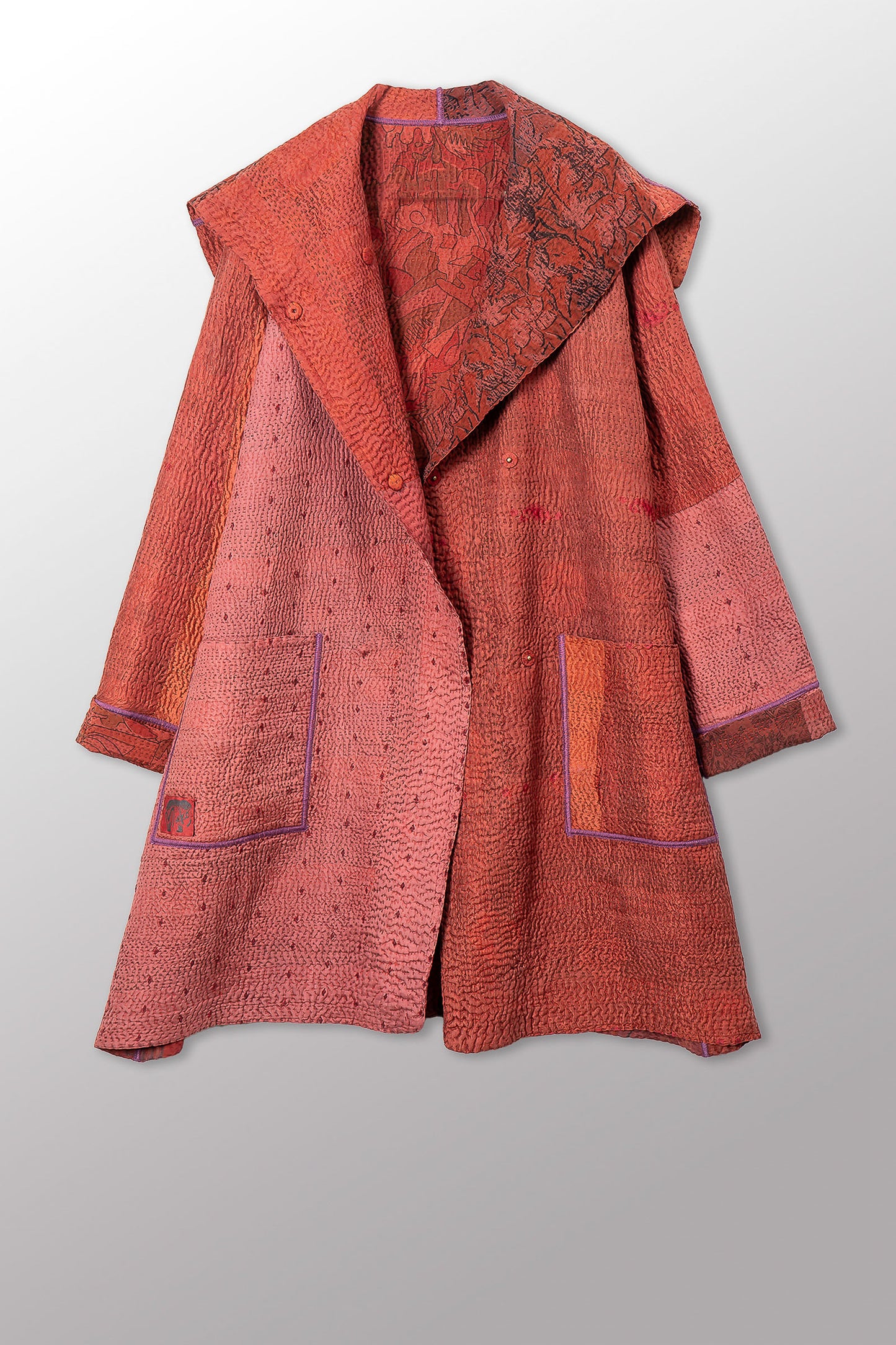 GEORGETTE JACQUARD VINTAGE SILK PATCH KANTHA POCKET MEDIUM COAT - gj4316-org -