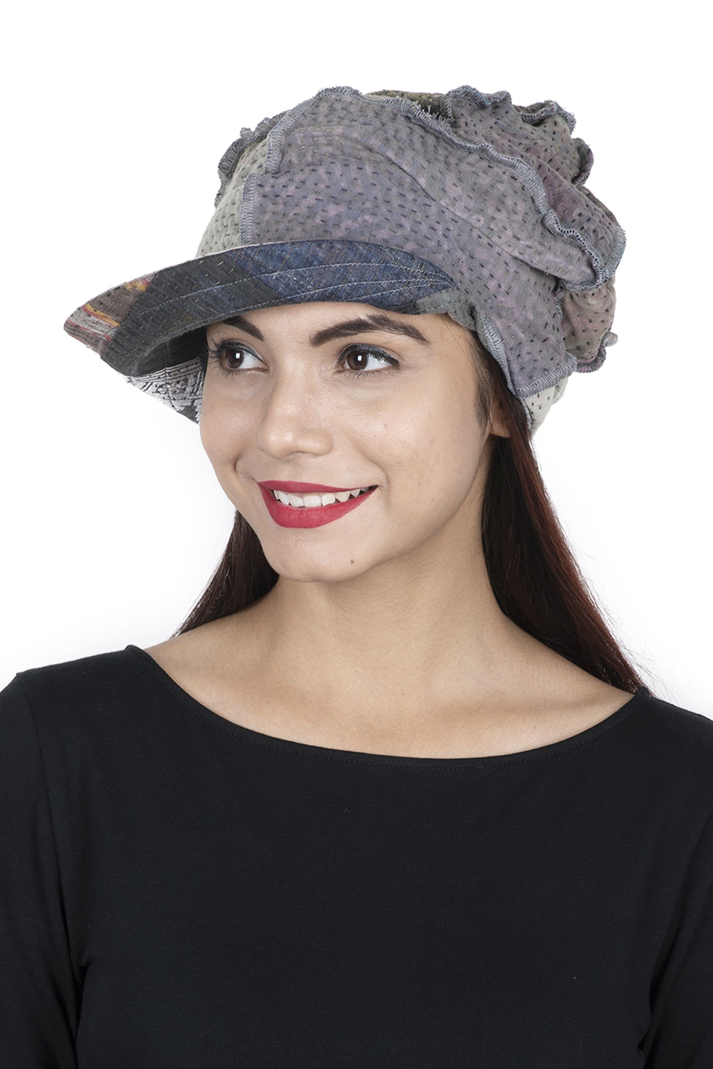 FRAYED PATCH KANTHA HALF BRIM HAT - fi4881-gry -