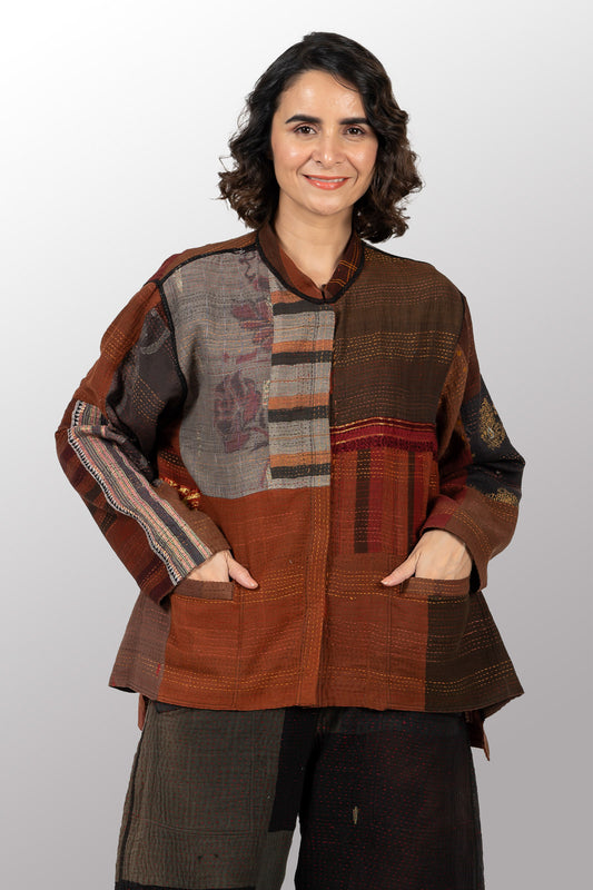 BROCADE PATCHED KANTHA KAFTAN JACKET SHORT - bp2088-brn -