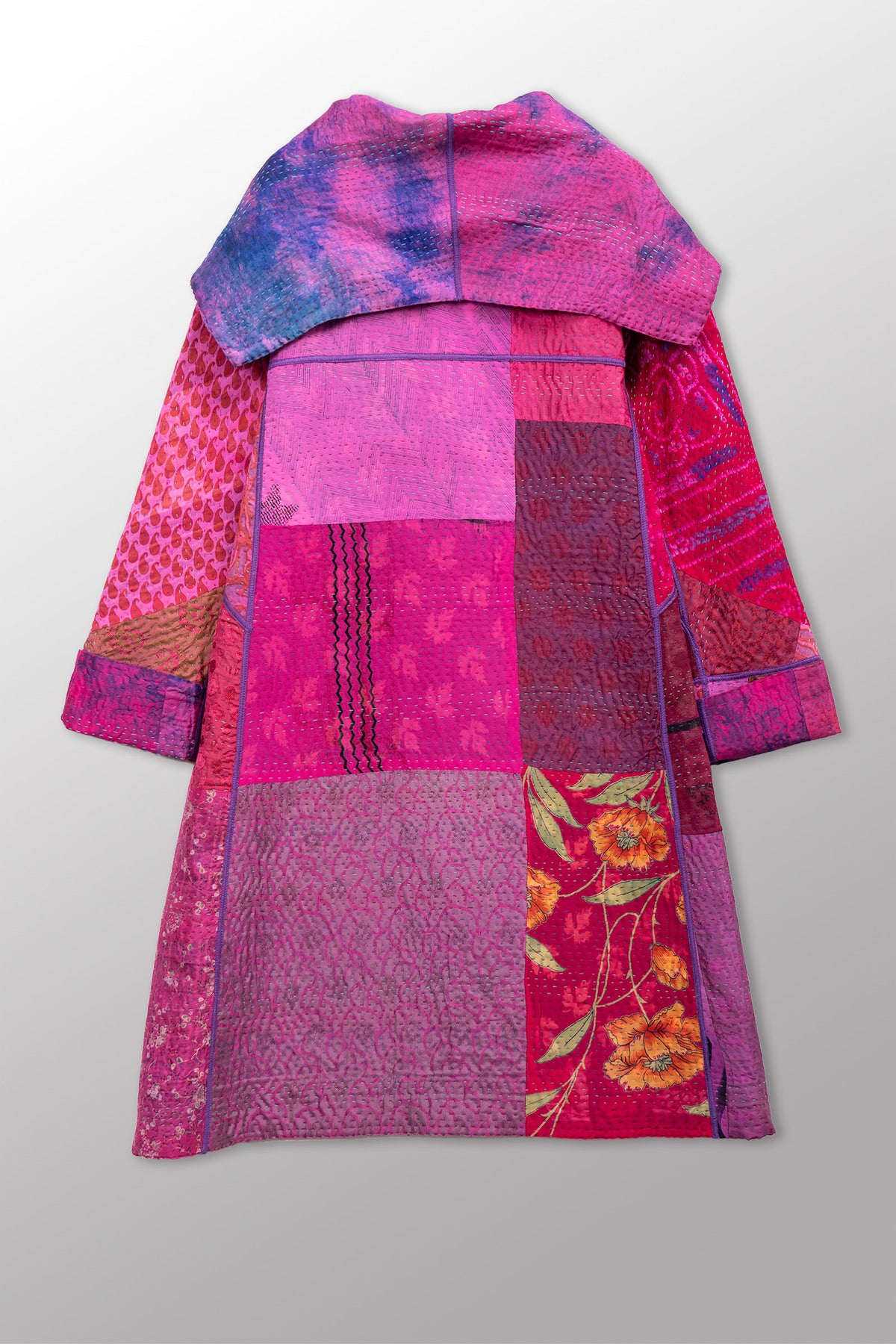 GEORGETTE JACQUARD VINTAGE SILK PATCH KANTHA A-LINE COAT - gj4309-pik -