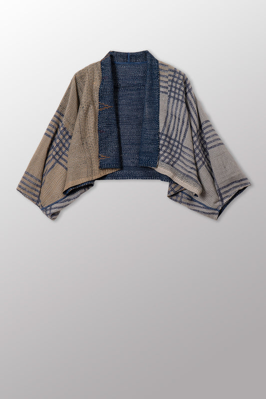 INDONESIAN PRINT VINTAGE INDIGO BACKING KANTHA PUFF SLV. SHRUG - bi2062-blu -