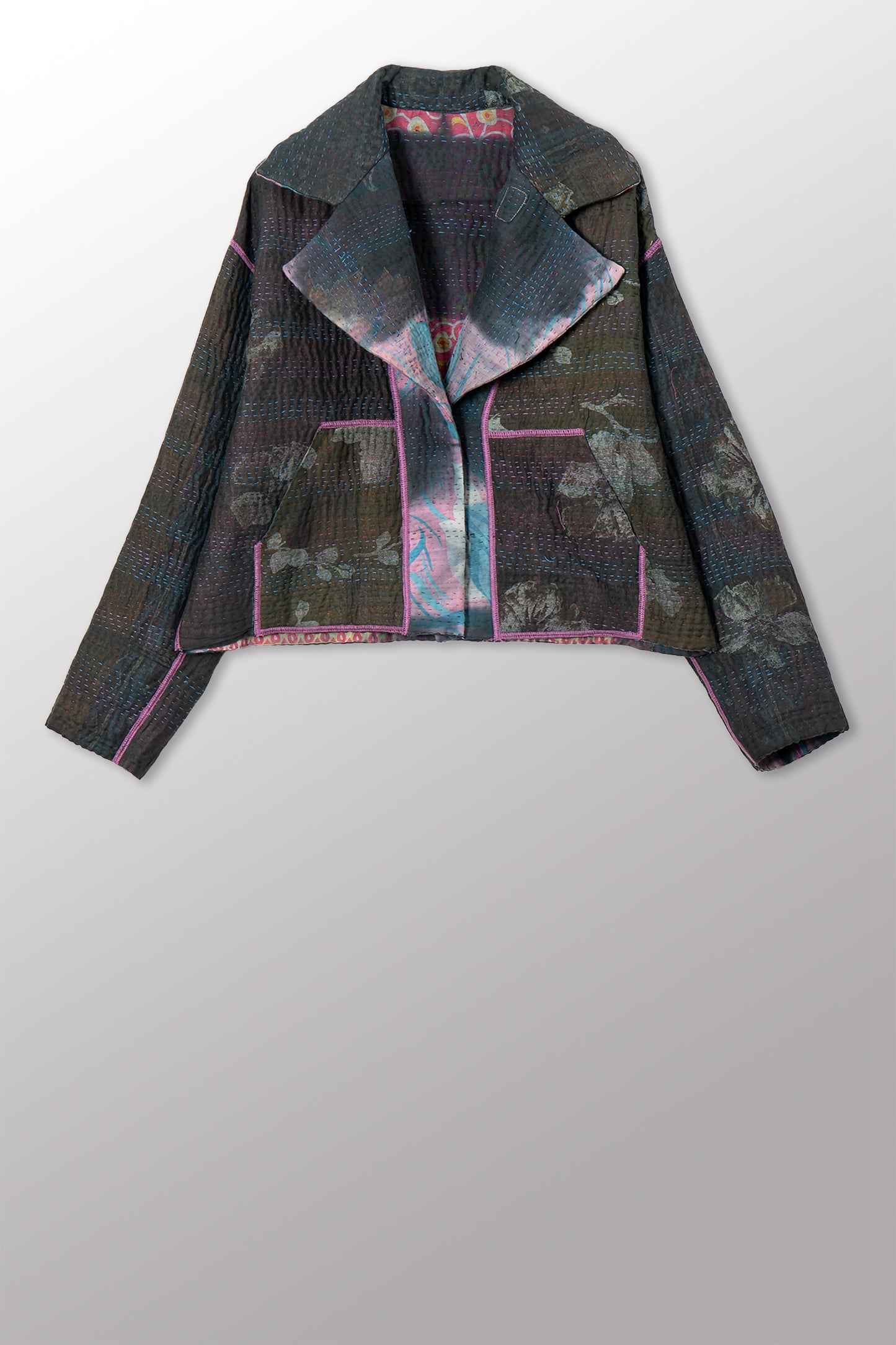 VINTAGE COTTON GREY CLAMP TIE DYE KANTHA NEW LAPELED SHORT JACKET - su4j101-0001s -