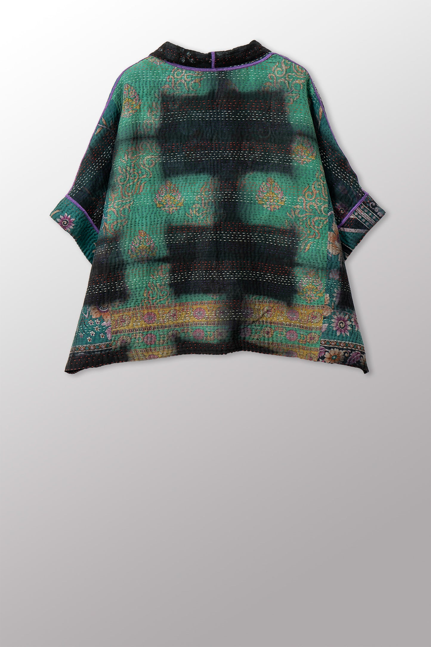 VINTAGE COTTON GREY CLAMP TIE DYE KANTHA MINI PONCHO - su4060-0001a -