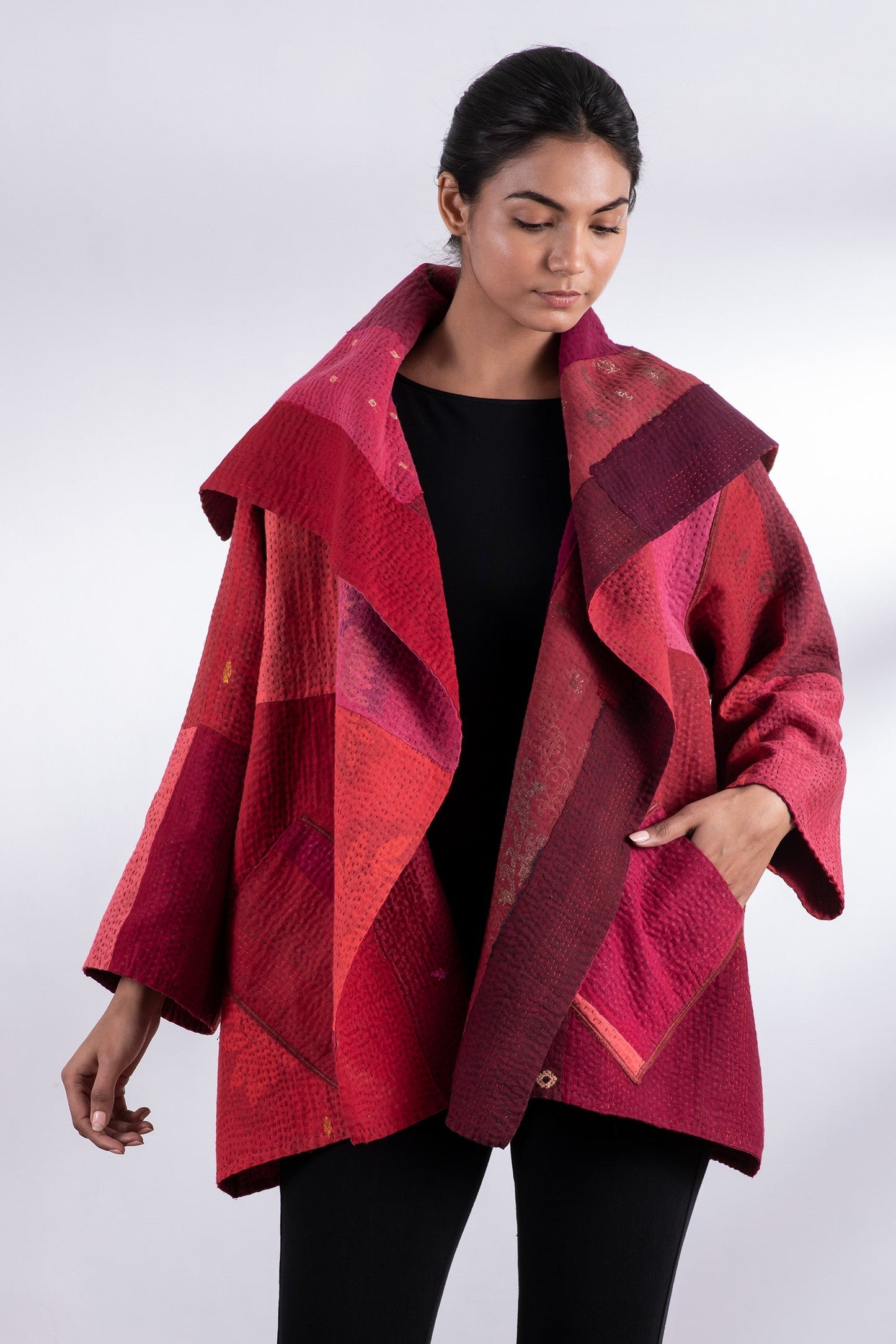 STRIPE AND CHECK COTTON SILK PATCH KANTHA  FLARE JACKET - ss4010-red -