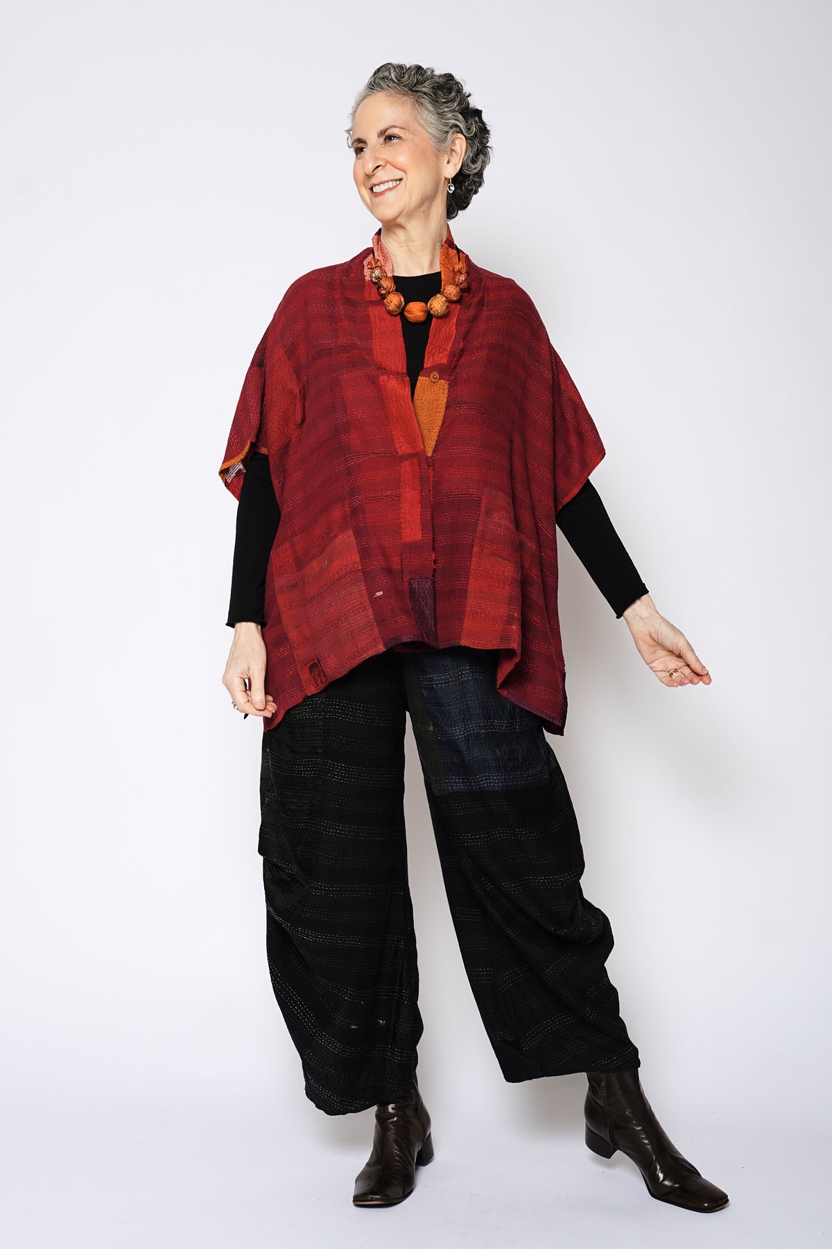 TONAL TILE PATCH KANTHA PONCHO TOP - tt2568-red -