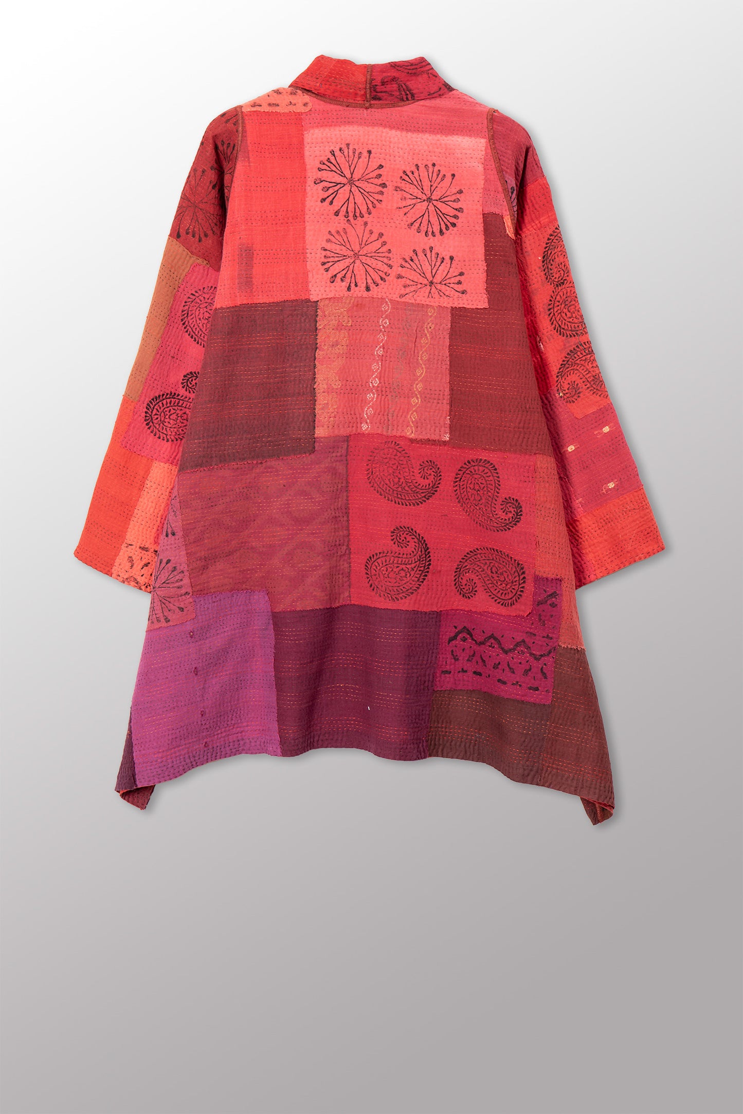 LANDSCAPE FRAYED PATCH KANTHA WITH STAMP A-LINE JKT - sp-lf2003-red -
