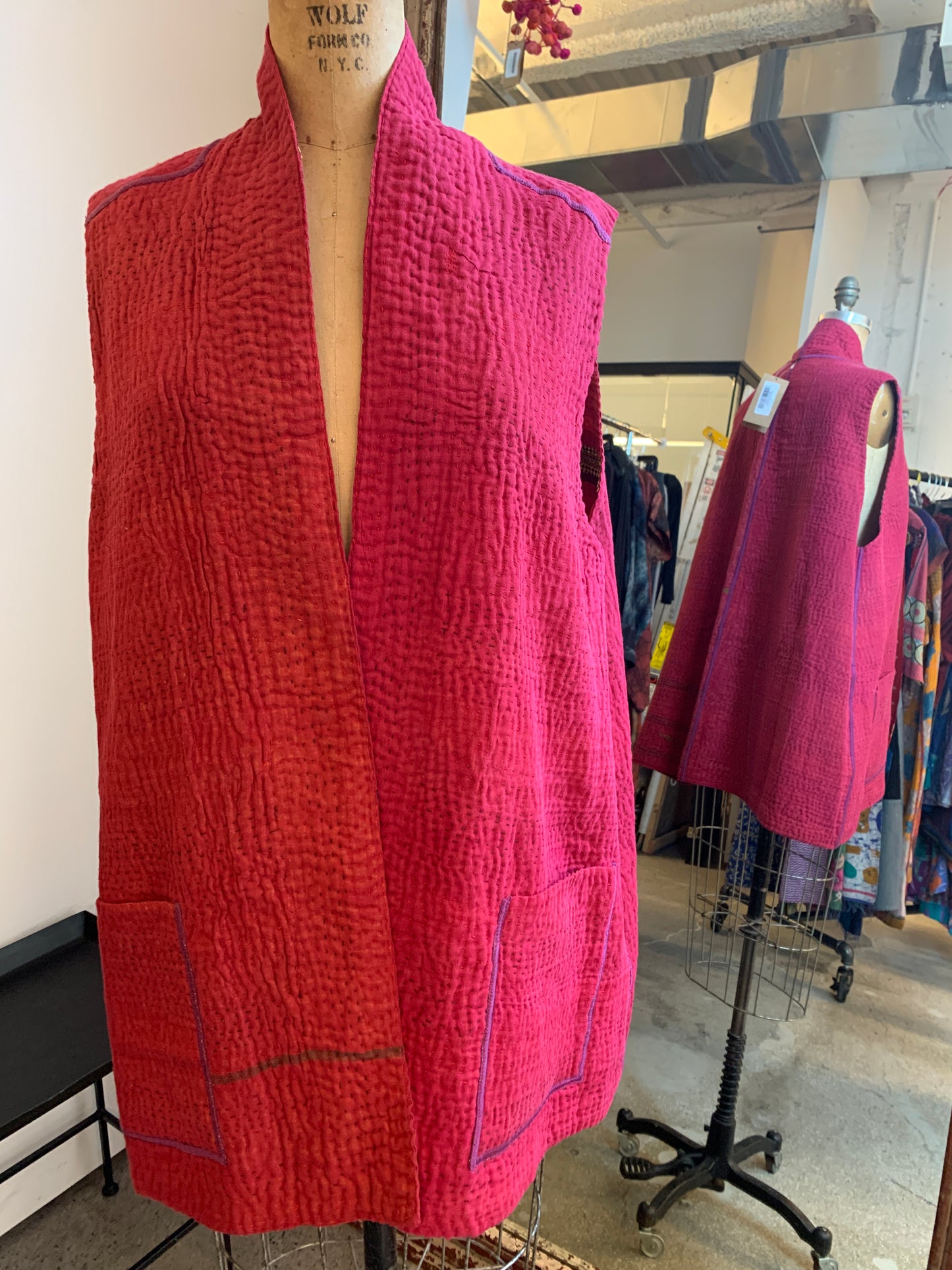 COTTON SILK SW PATCH KANTHA KIMONO VEST SHORT - ws4248-red -