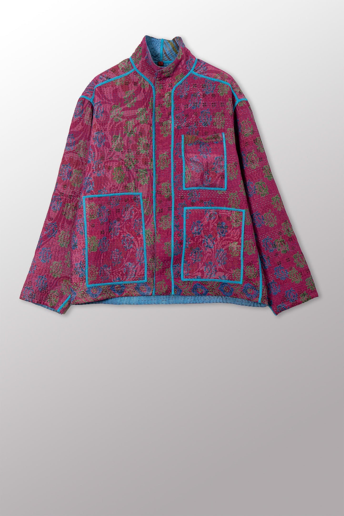 VINTAGE SILK GEORGETTE COTTON KANTHA MEN'S BLOUSON - gc4040-0001m -