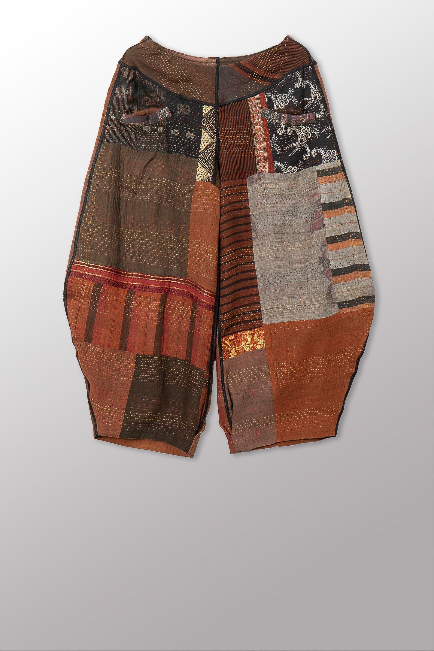BROCADE PATCHED KANTHA HAREM PANTS - bp2605-brn -