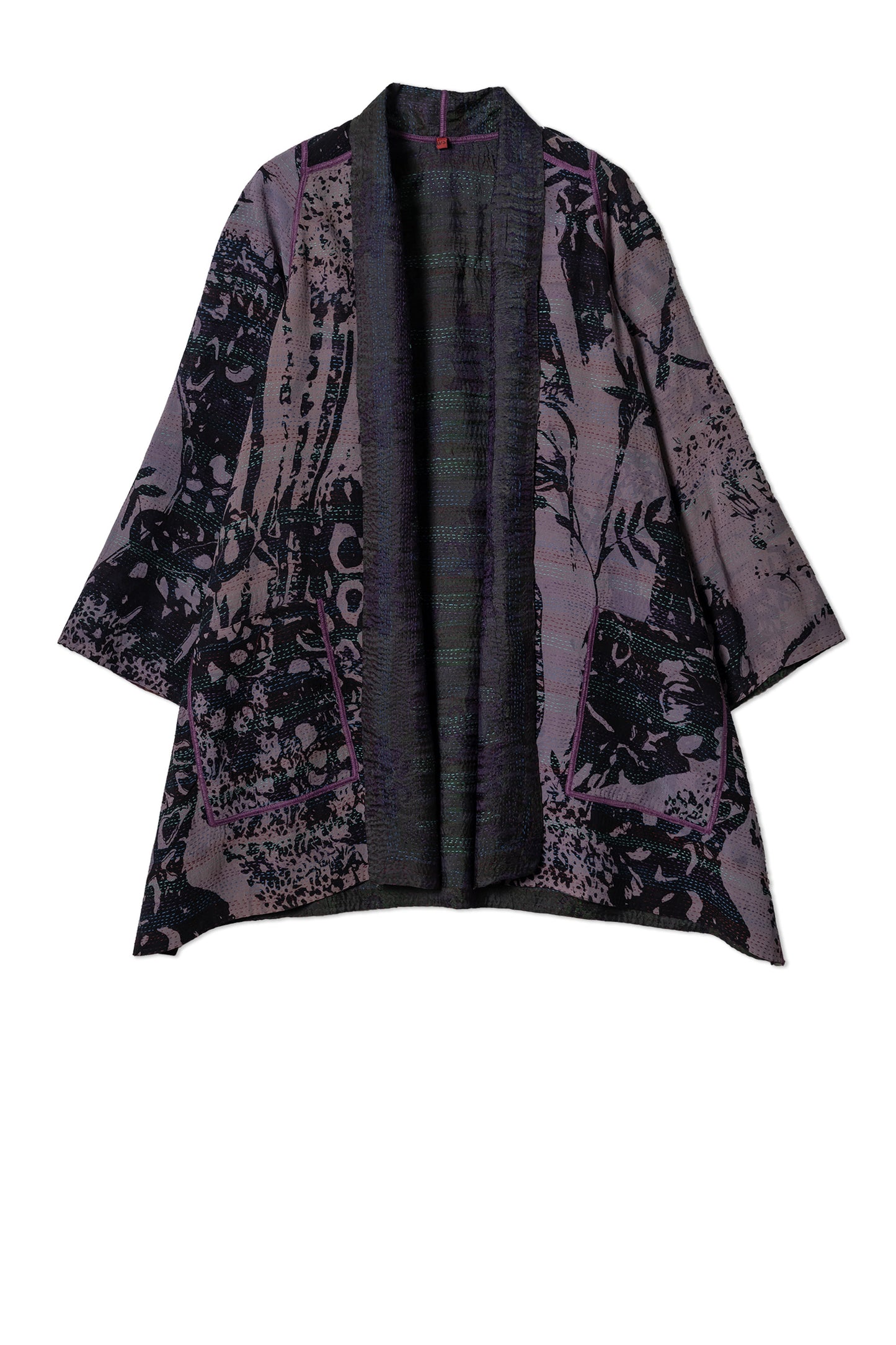 GEORGETTE JACQUARD VINTAGE SILK PATCH KANTHA A-LINE JACKET - gj2003-0004a -
