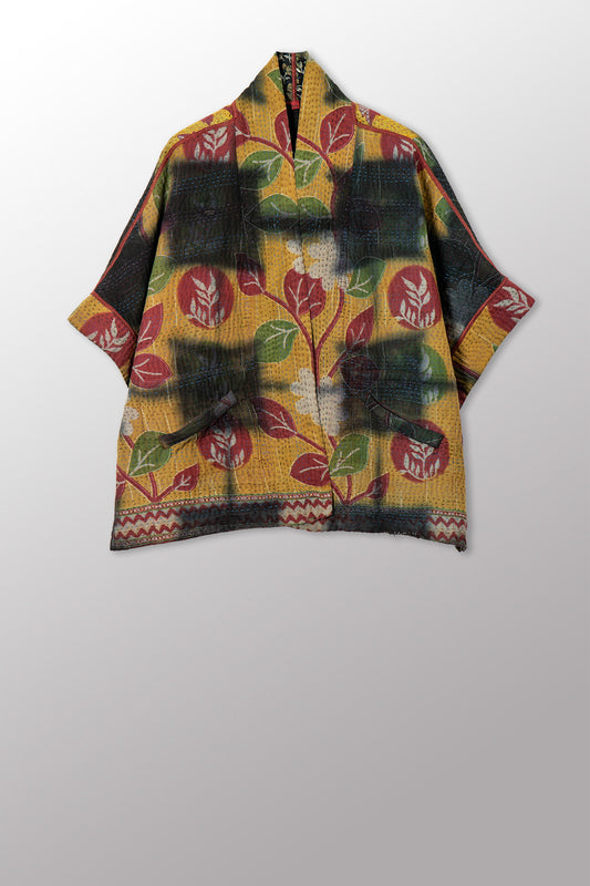 VINTAGE COTTON GREY CLAMP TIE DYE KANTHA MINI PONCHO - su4060-0002a -