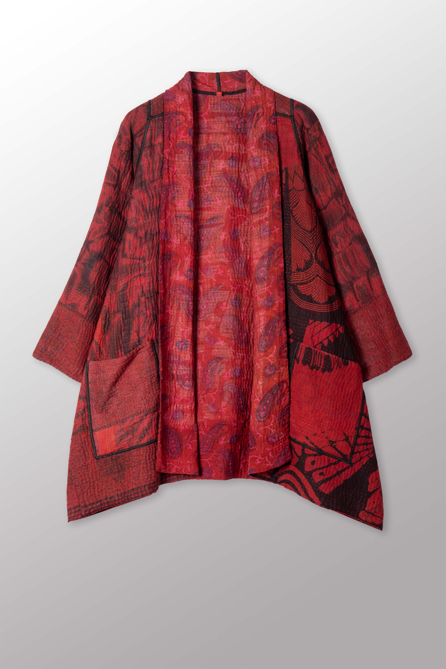 VINTAGE SILK GEORGETTE COTTON KANTHA A-LINE JACKET - gc4003-0001a -