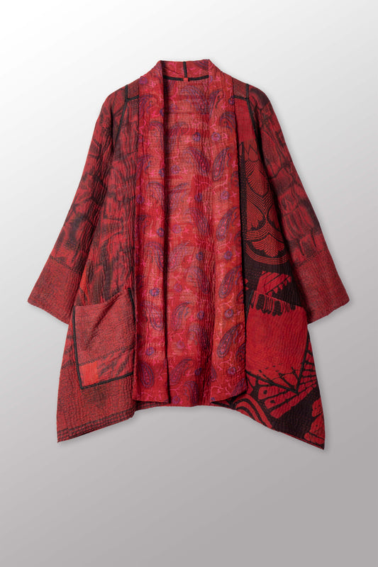 VINTAGE SILK GEORGETTE COTTON KANTHA A-LINE JACKET - gc4003-0001a -