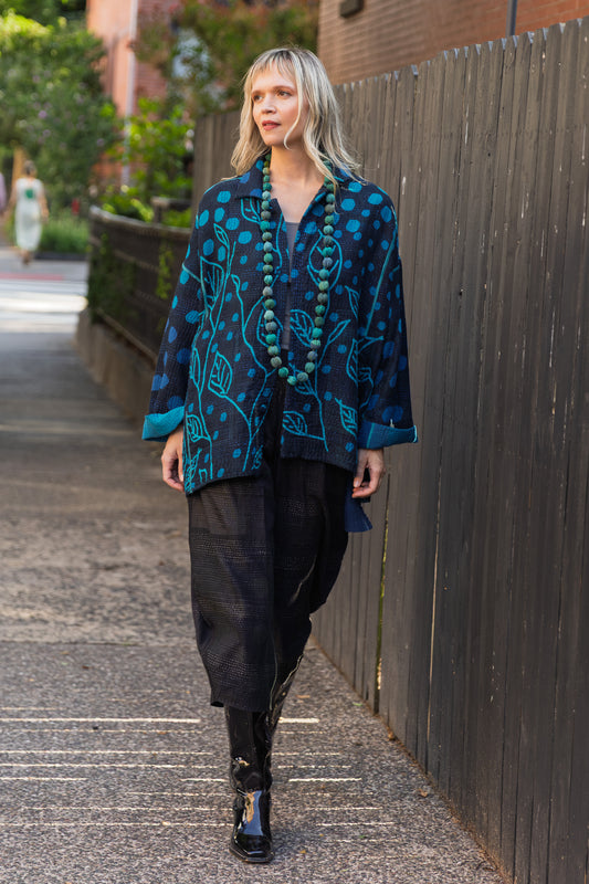 POLKA DOTS & LEAVES KANTHA OVERSIZED MINI COAT - dl4332-tuq -