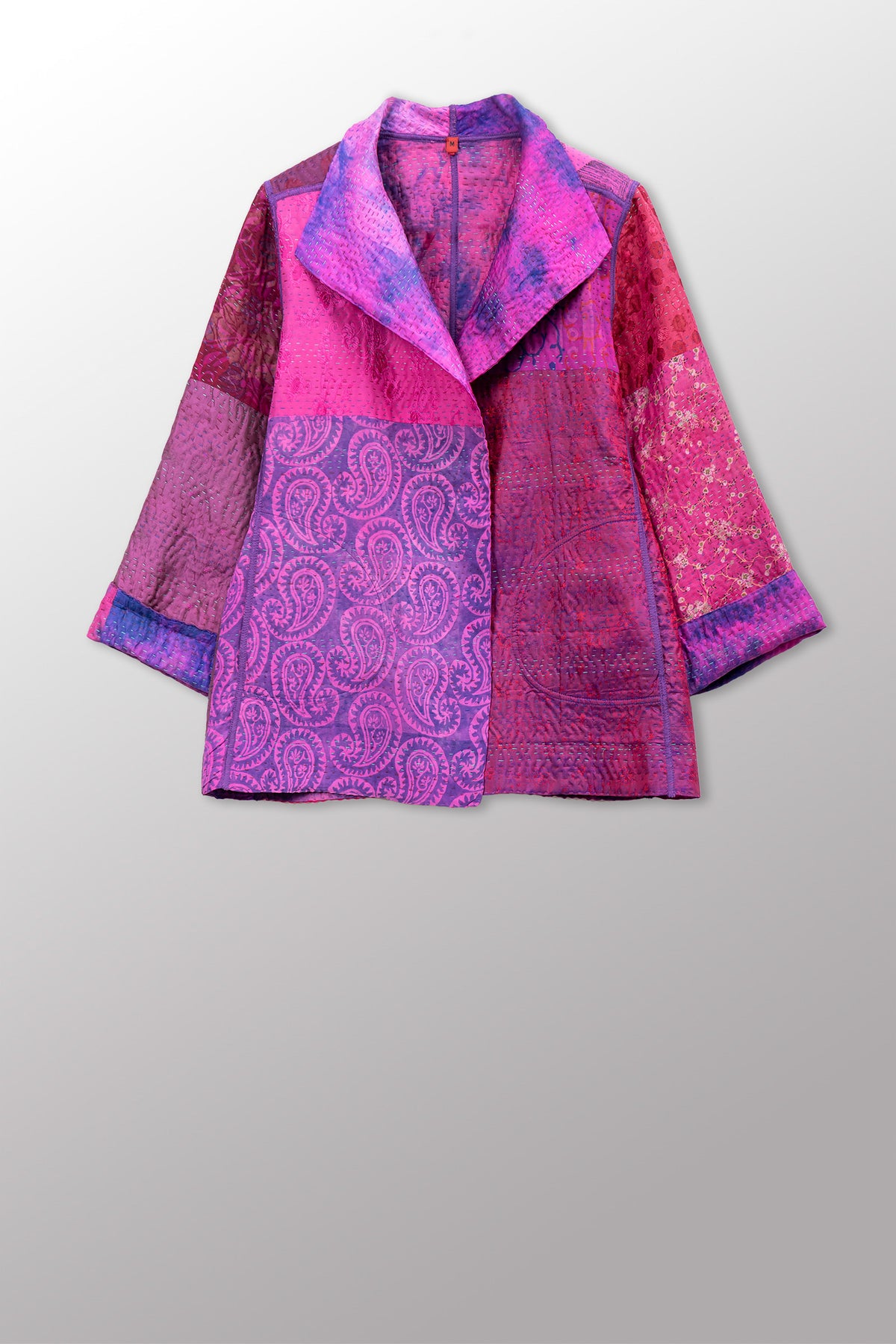 GEORGETTE JACQUARD VINTAGE SILK PATCH KANTHA SHORT JACKET - gj4007-pik -