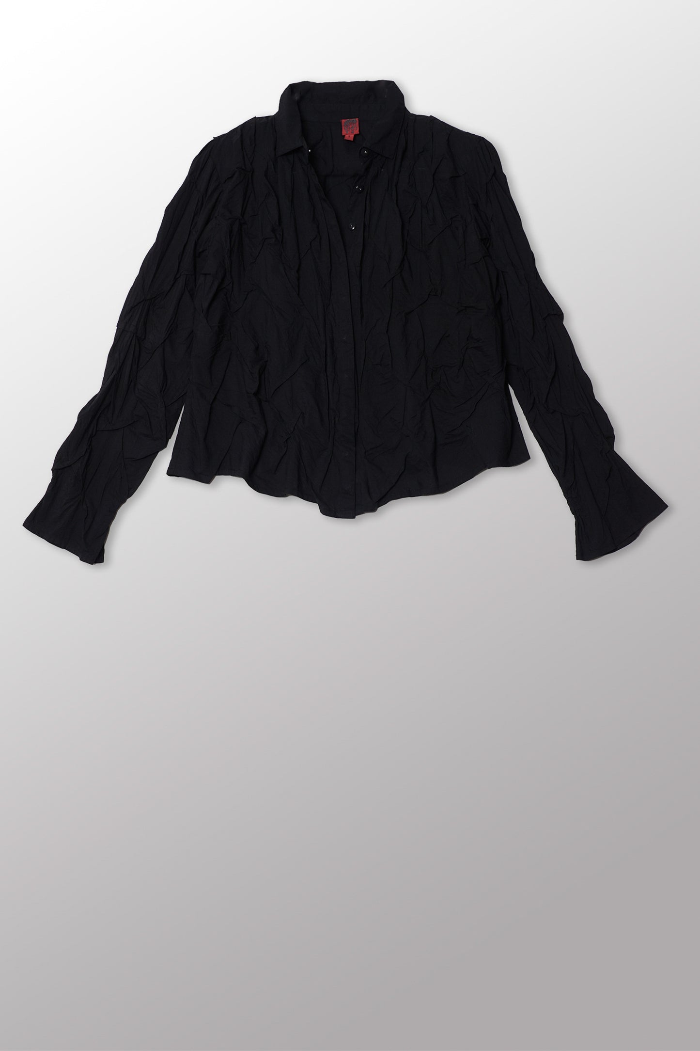 POLISHED COTTON WAVY TUCK CROPPED SHIRT COLLAR TOP - bl-wl1594-blk -
