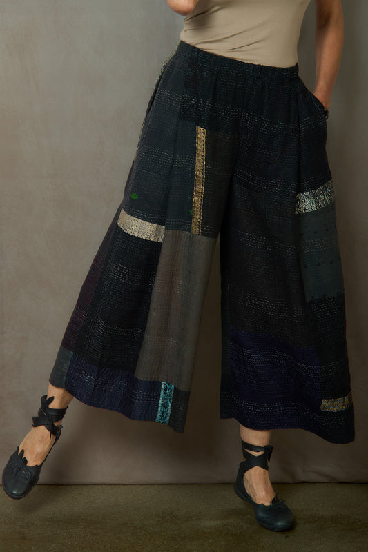 COTTON SILK SW PATCH KANTHA PLEATED WIDE LEG PANTS - ws2678-blk -