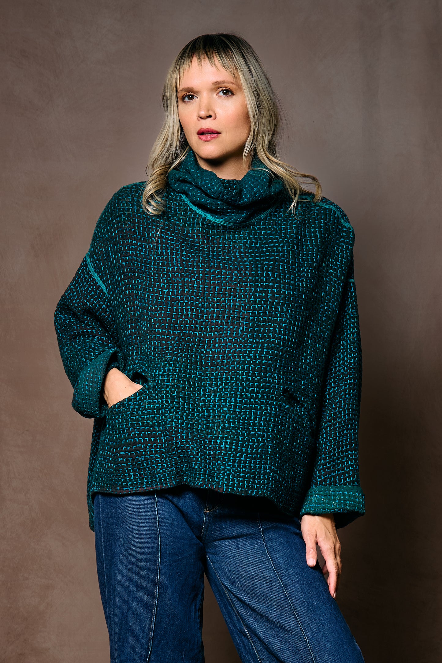 WOOL WAFFLE KANTHA NEW COWL NECK PONCHO - ww3083-tel -