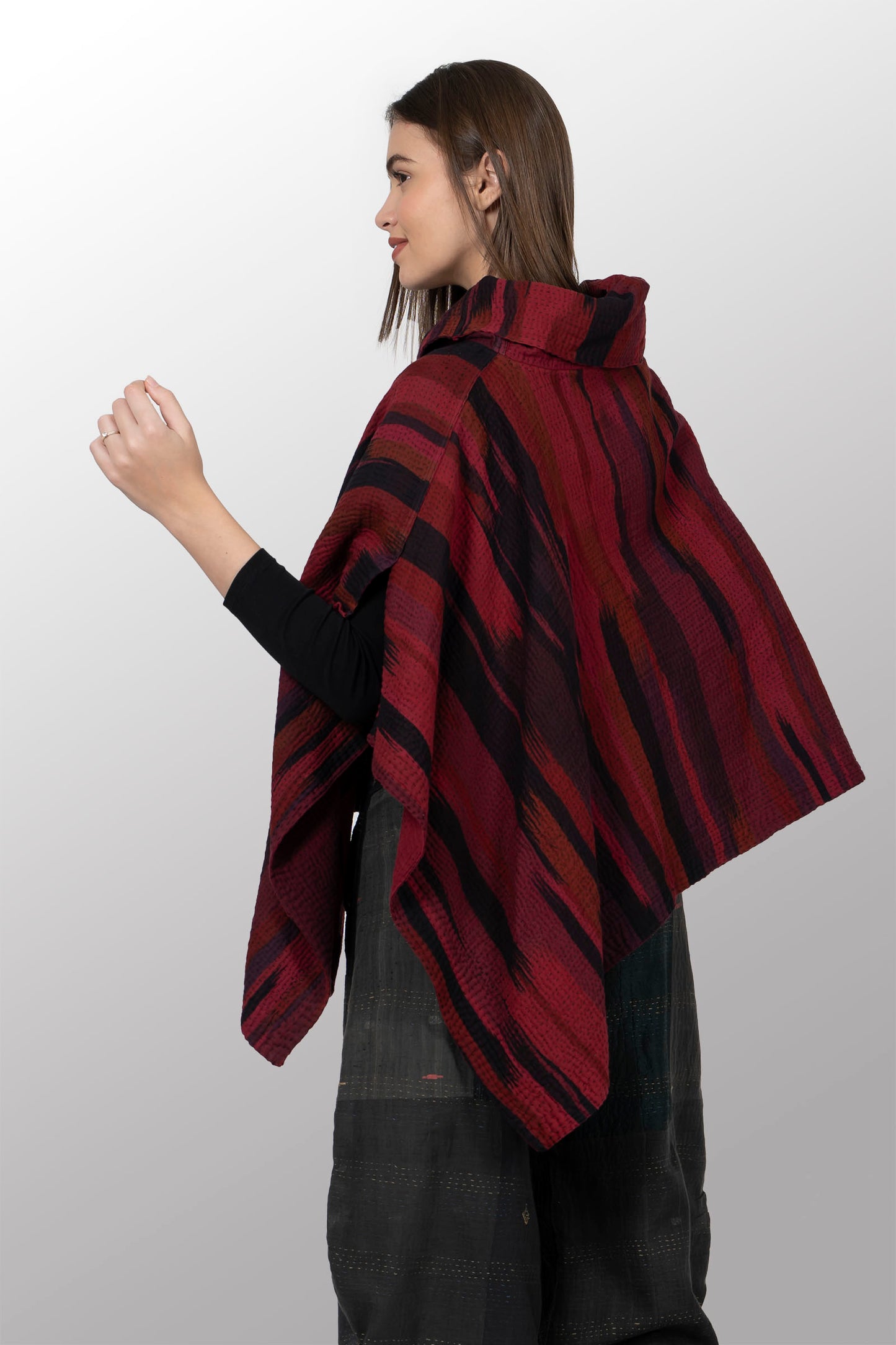 IKAT STRIPE KANTHA COWL NECK LONG CAPE - is4842-drd -