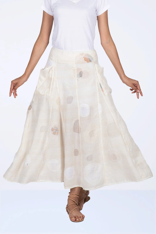 CUT THROUGH DOT AND HOLES KANTHA PANELED FLARE SKIRT - cd2630-ivy -