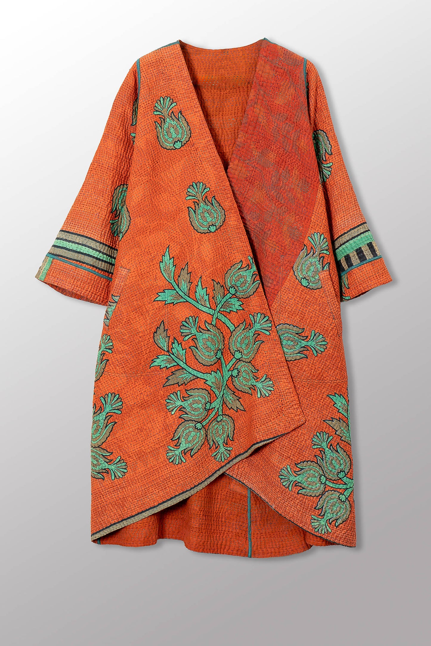 COTTON OVERDYE KANTHA WRAP FLARE COAT - ov4330-corg001a -