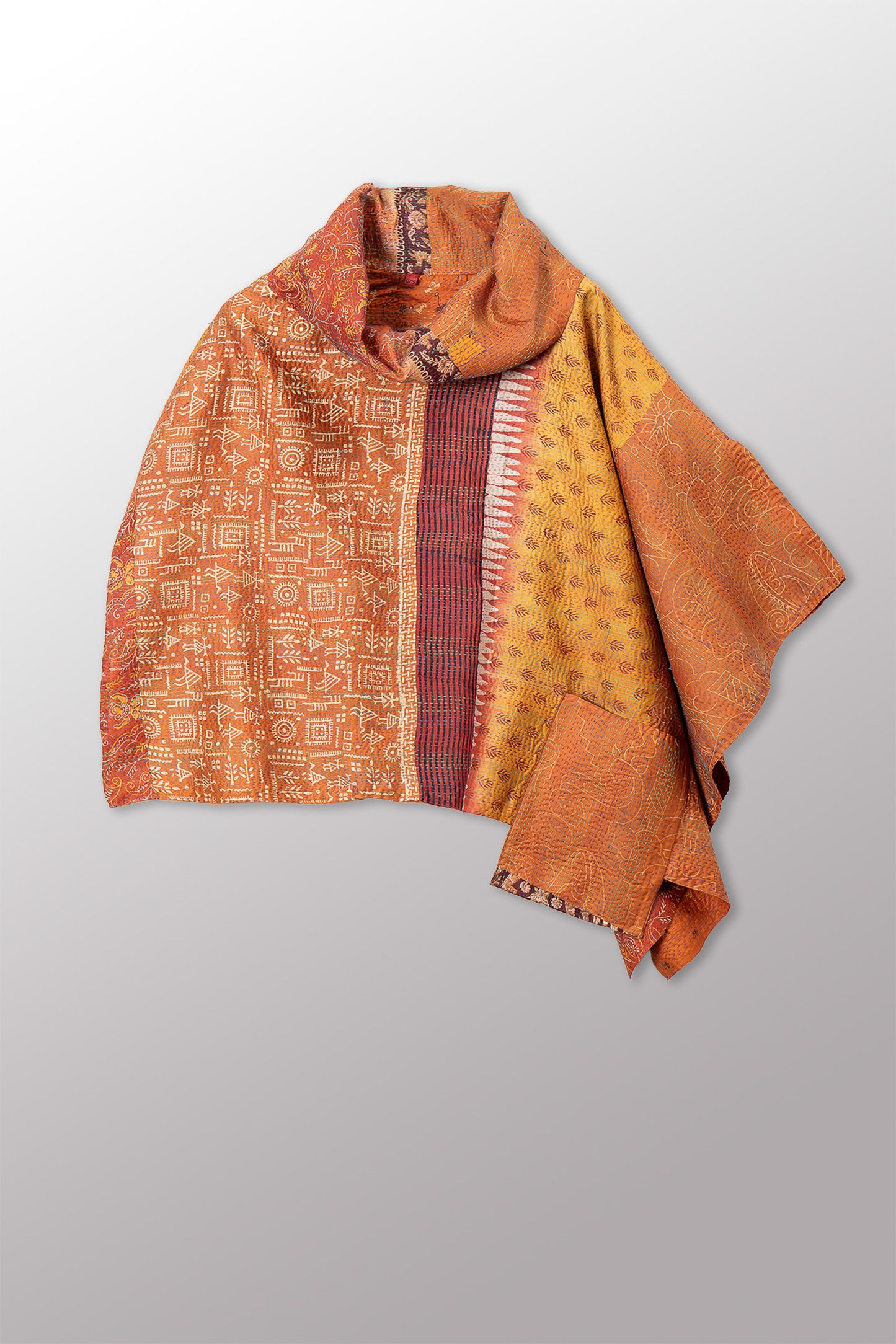 VINTAGE SILK KANTHA COWL NECK LONG CAPE - sv2842-0015a -