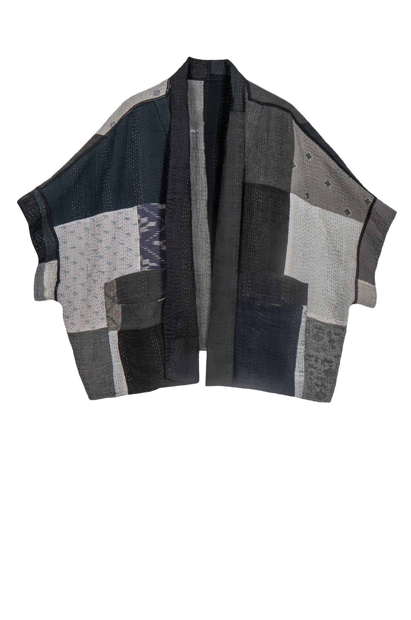 STRIPE AND CHECK COTTON SILK PATCH KANTHA MINI PONCHO - ss4060-blk -