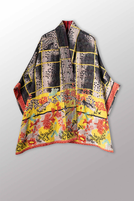 VINTAGE COTTON KANTHA DOUBLE COLLAR PONCHO - cv4323-0055a -