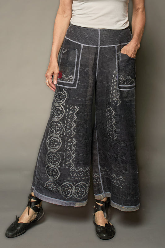 MOSAIC FRAY PATCH KANTHA MID RISE WIDE LEG PANTS - zb2665-gry -