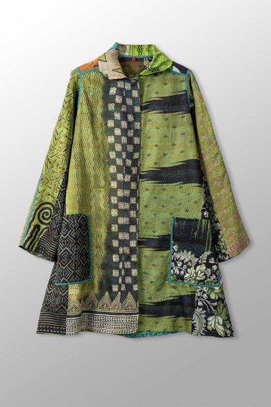 VINTAGE SILK KANTHA A-LINE DUSTER - sv2311-0009a -