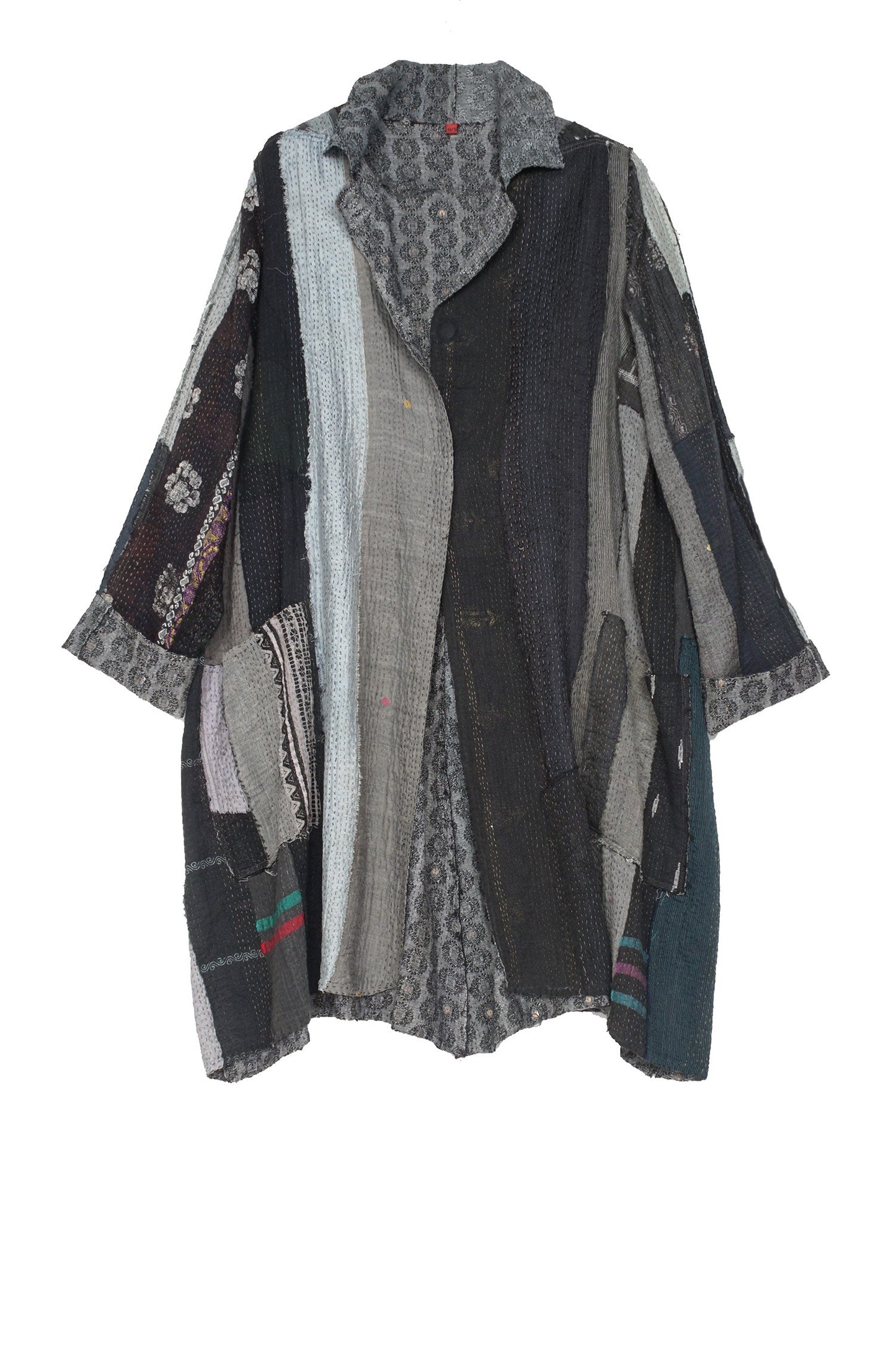 STRIPE FRAYED & HANDWOVEN KANTHA A-LINE DUSTER - ft2311-blk -